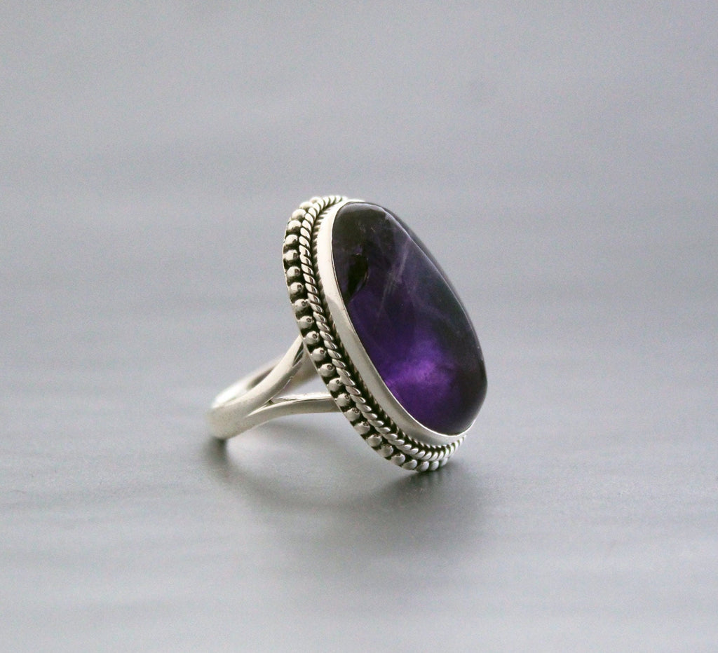 Handmade Sterling Silver Amethyst Ring, Oval Bohemian Jewelry, Large Gemstone Rings, Vintage Bridal wedding anniversary ring
