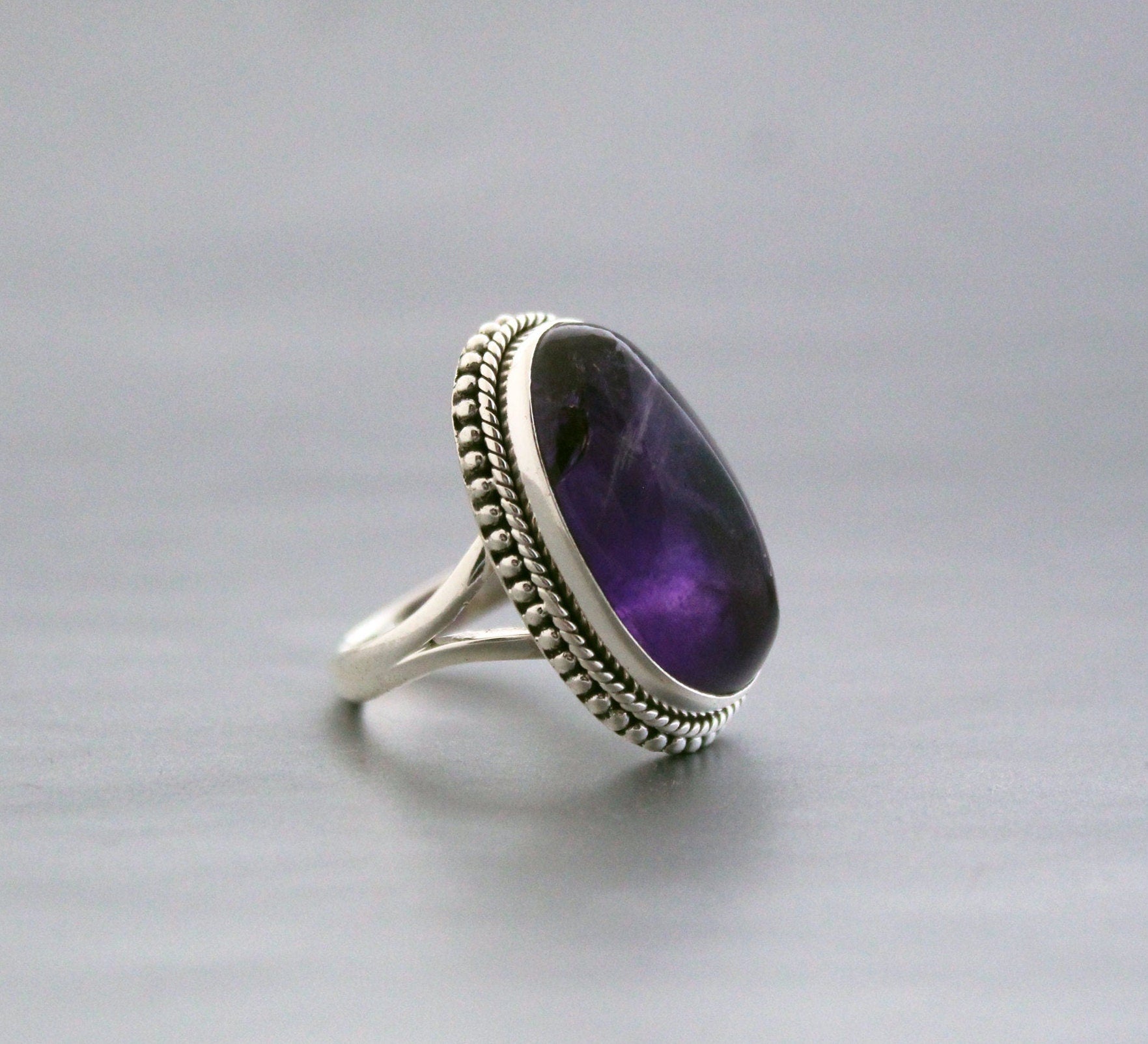 Handmade Sterling Silver Amethyst Ring, Oval Bohemian Jewelry, Large Gemstone Rings, Vintage Bridal wedding anniversary ring