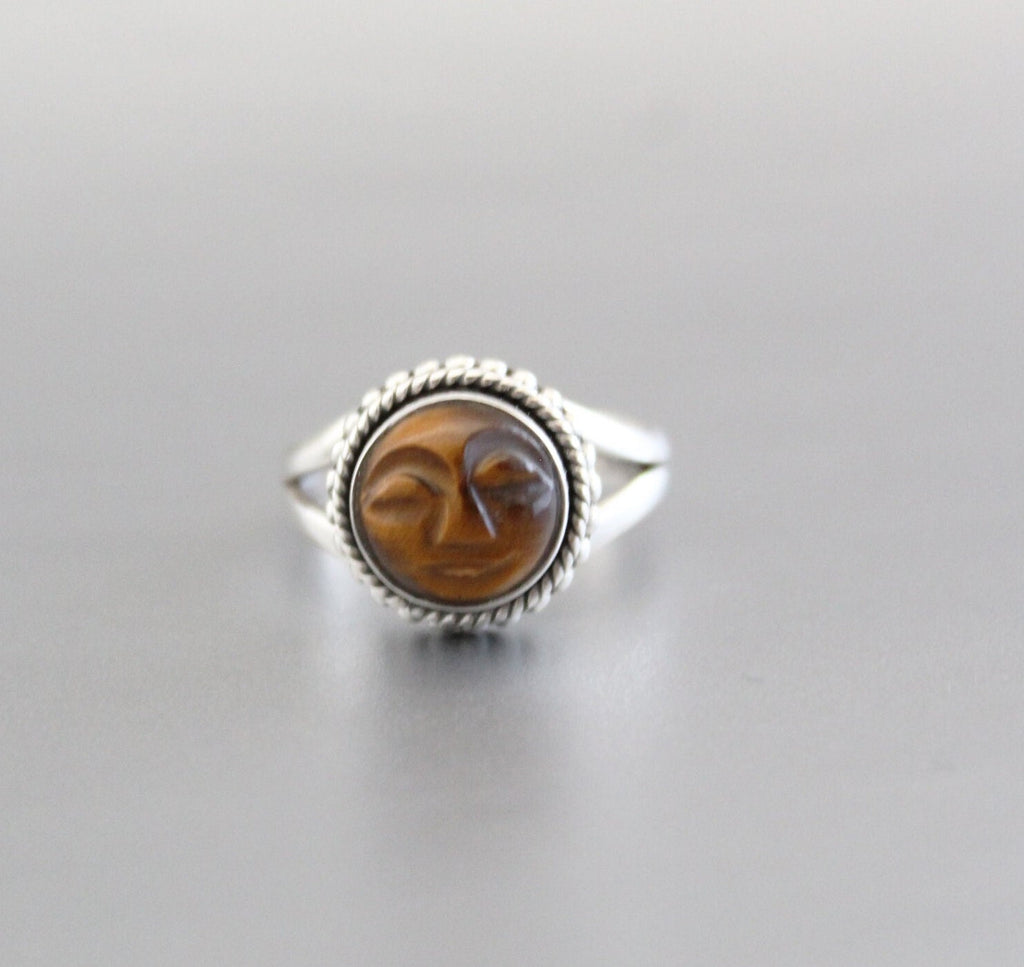 Tiger’s Eye Moon Face Ring, Sterling Silver Boho Statement Jewelry, Carved Gemstone, Celestial, Chunky Vintage, Signet Gemstone Ring