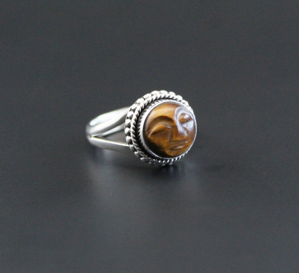 Tiger’s Eye Moon Face Ring, Sterling Silver Boho Statement Jewelry, Carved Gemstone, Celestial, Chunky Vintage, Signet Gemstone Ring