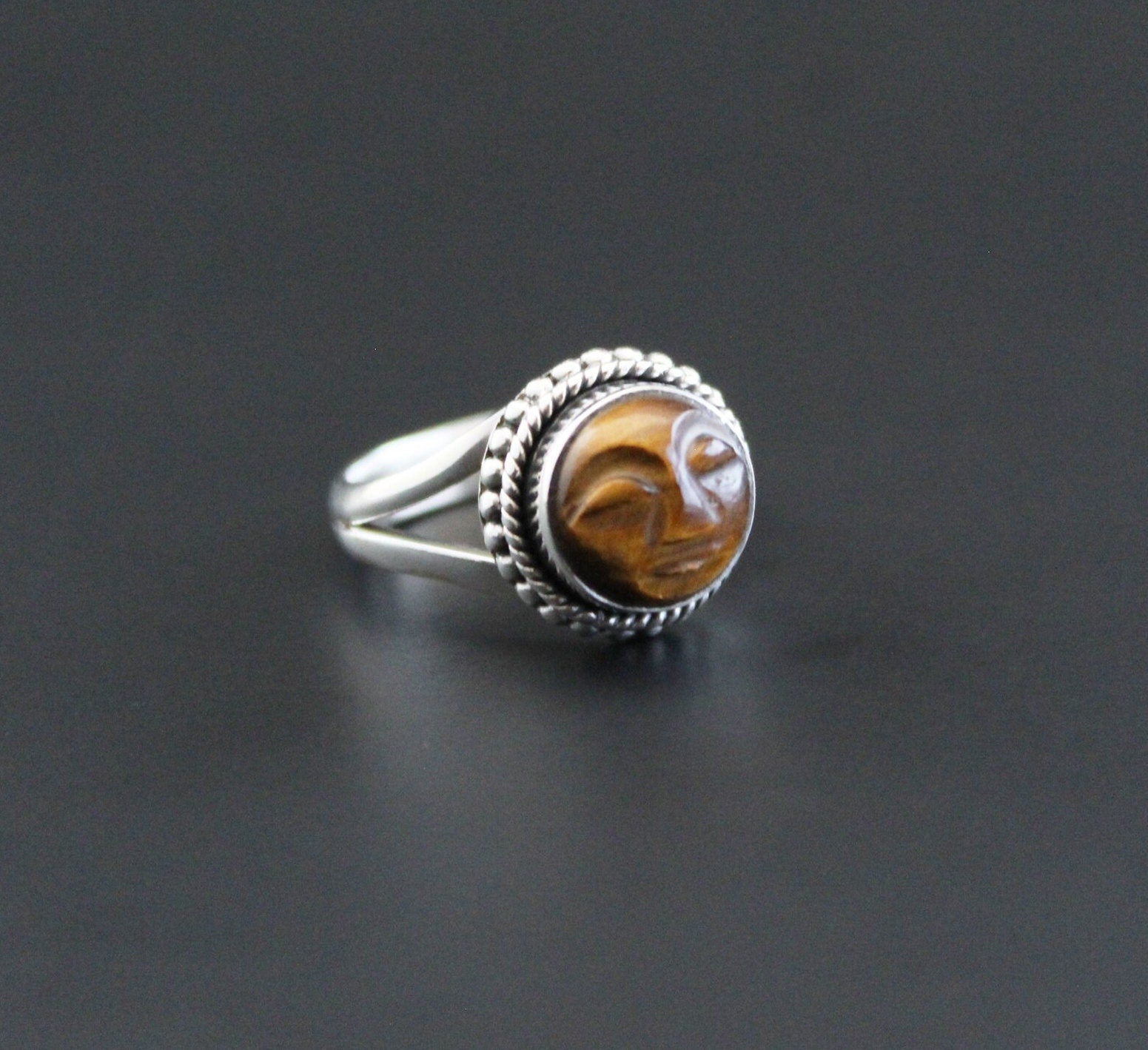 Tiger’s Eye Moon Face Ring, Sterling Silver Boho Statement Jewelry, Carved Gemstone, Celestial, Chunky Vintage, Signet Gemstone Ring