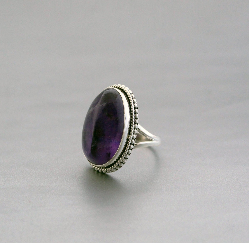 Handmade Sterling Silver Amethyst Ring, Oval Bohemian Jewelry, Large Gemstone Rings, Vintage Bridal wedding anniversary ring