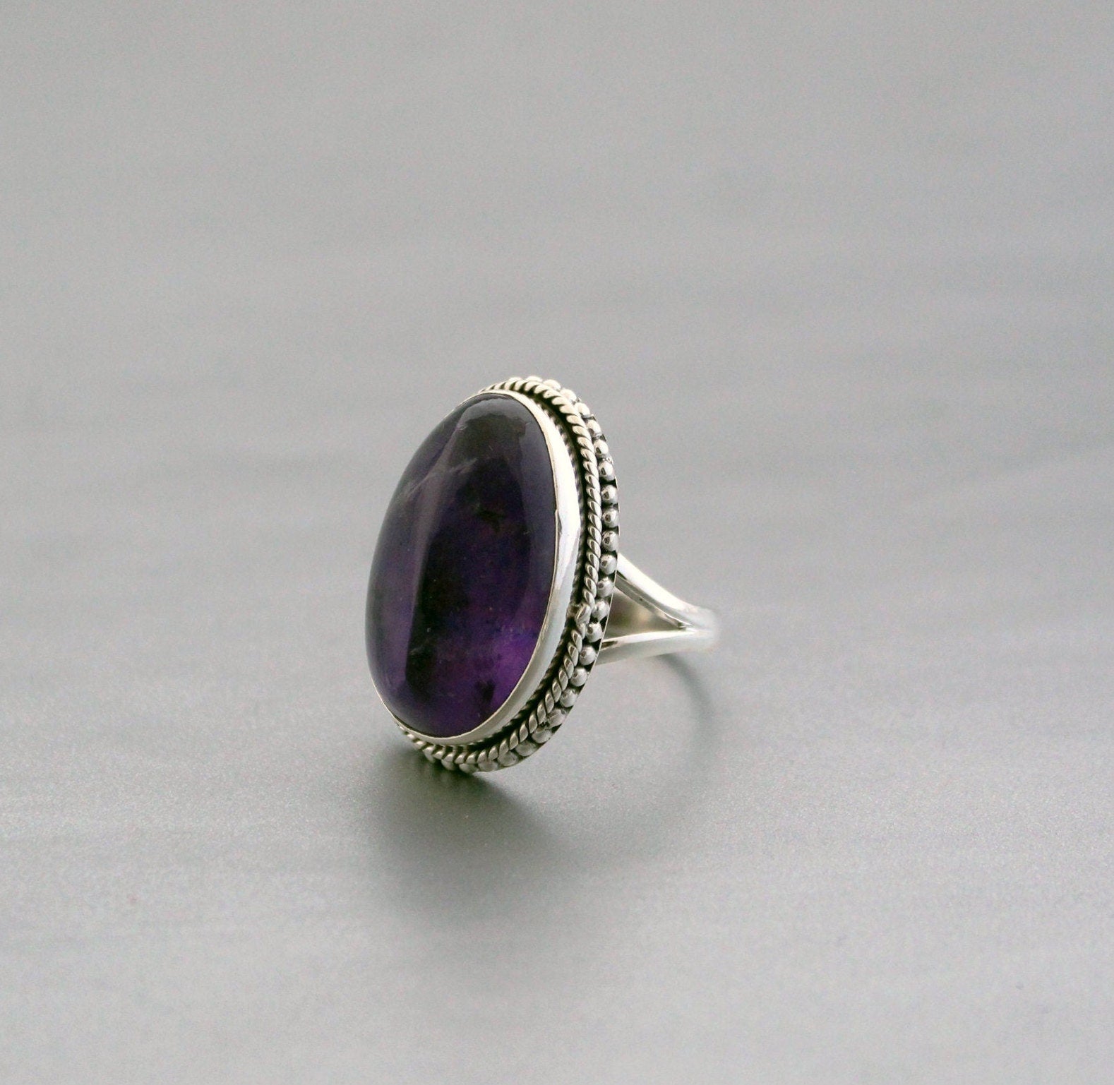 Handmade Sterling Silver Amethyst Ring, Oval Bohemian Jewelry, Large Gemstone Rings, Vintage Bridal wedding anniversary ring