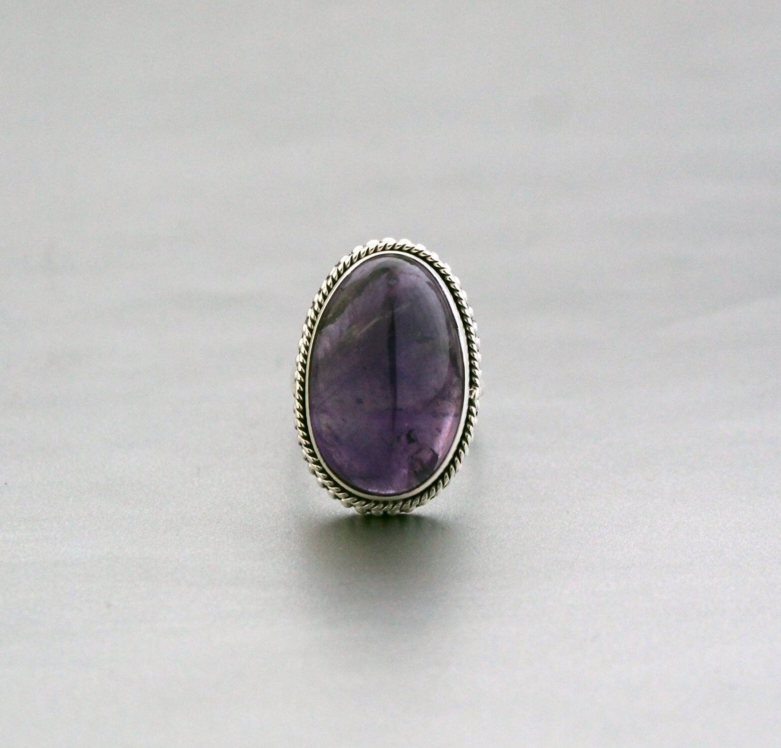 Handmade Sterling Silver Amethyst Ring, Oval Bohemian Jewelry, Large Gemstone Rings, Vintage Bridal wedding anniversary ring