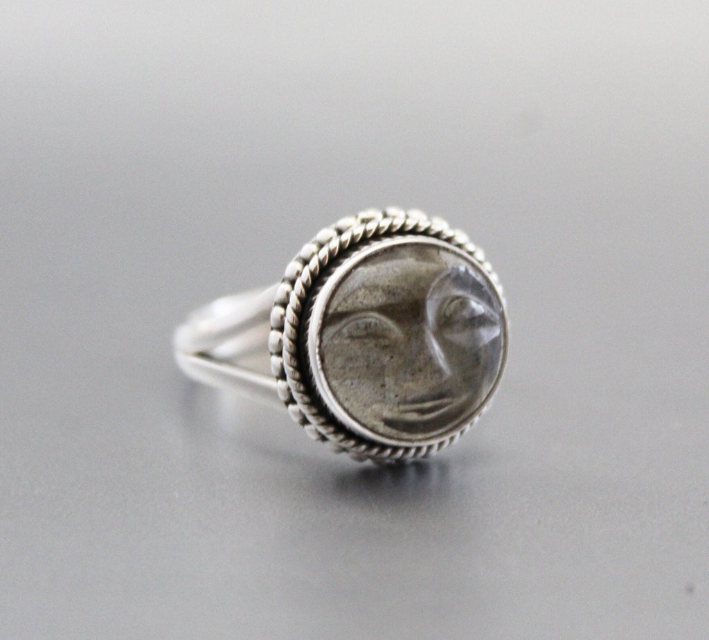 Labradorite Moon Face Ring, Sterling Silver Art Deco Ring, Handmade Labradorite Statement Ring
