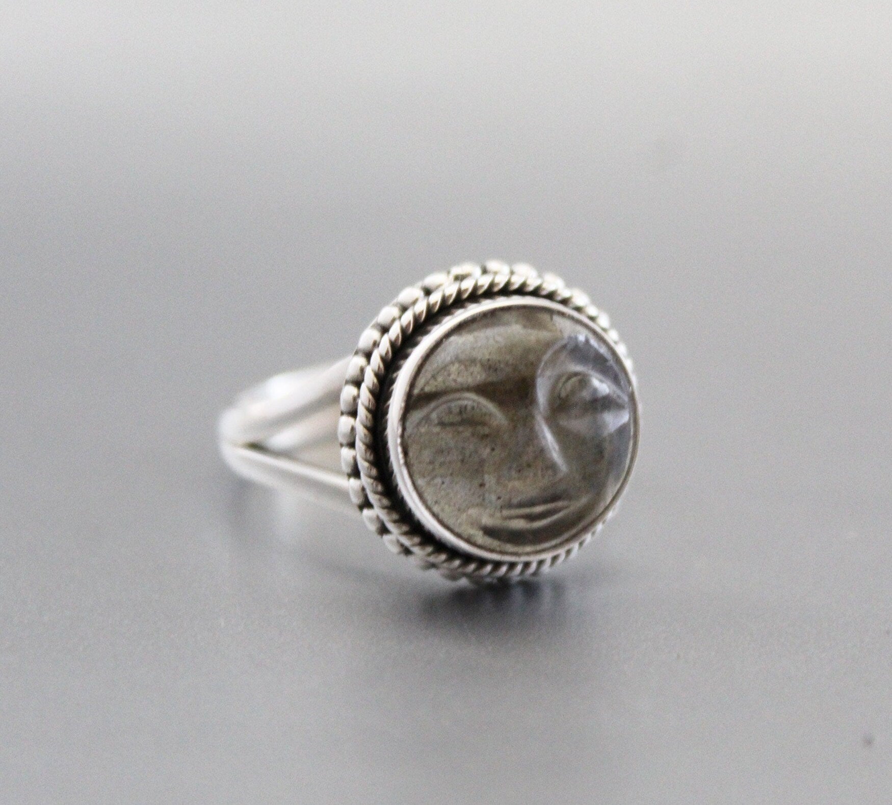 Labradorite Moon Face Ring, Sterling Silver Art Deco Ring, Handmade Labradorite Statement Ring