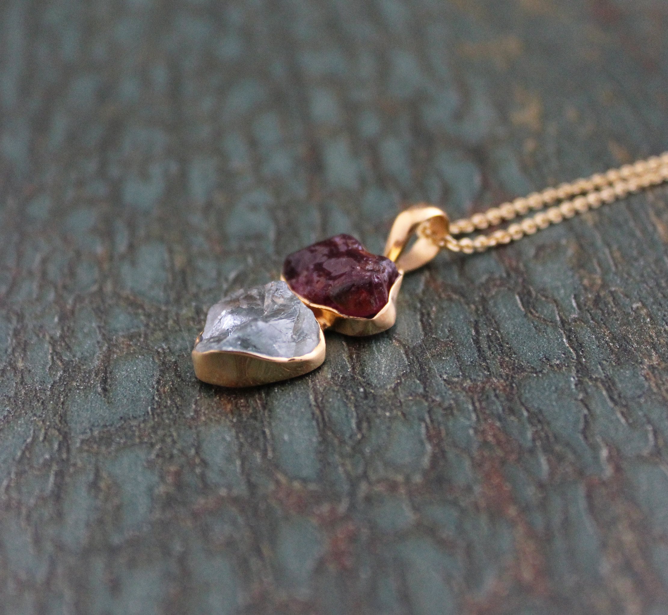 Raw Aquamarine & Tourmaline Necklace, Sterling Silver Gemstone Pendant, 18K Gold vermiel, necklace for Men