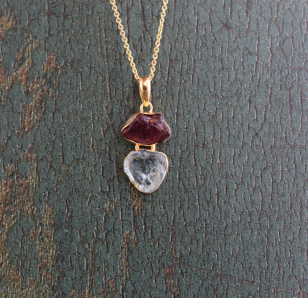 Raw Aquamarine & Tourmaline Necklace, Sterling Silver Gemstone Pendant, 18K Gold vermiel, necklace for Men
