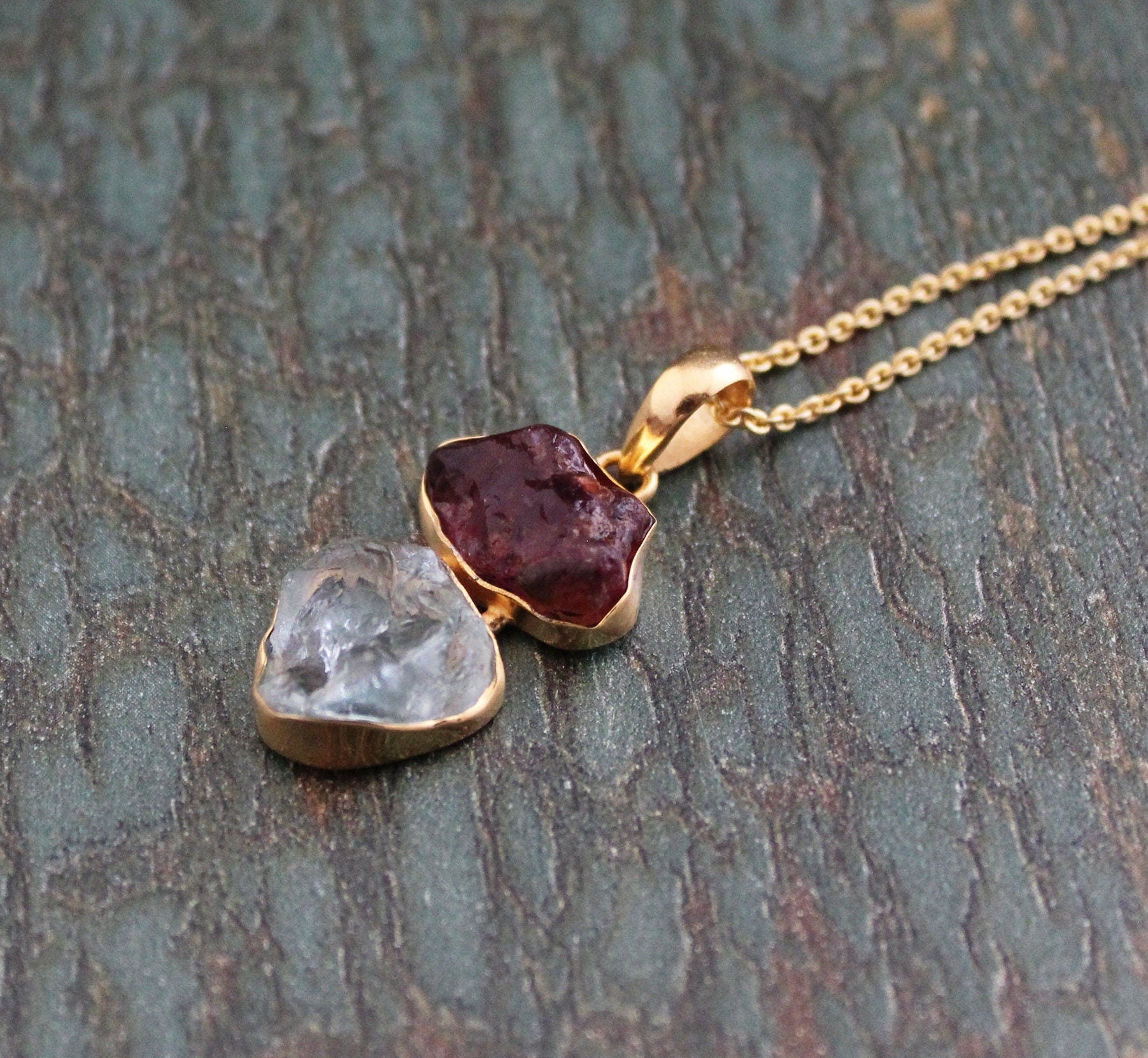 Raw Aquamarine & Tourmaline Necklace, Sterling Silver Gemstone Pendant, 18K Gold vermiel, necklace for Men