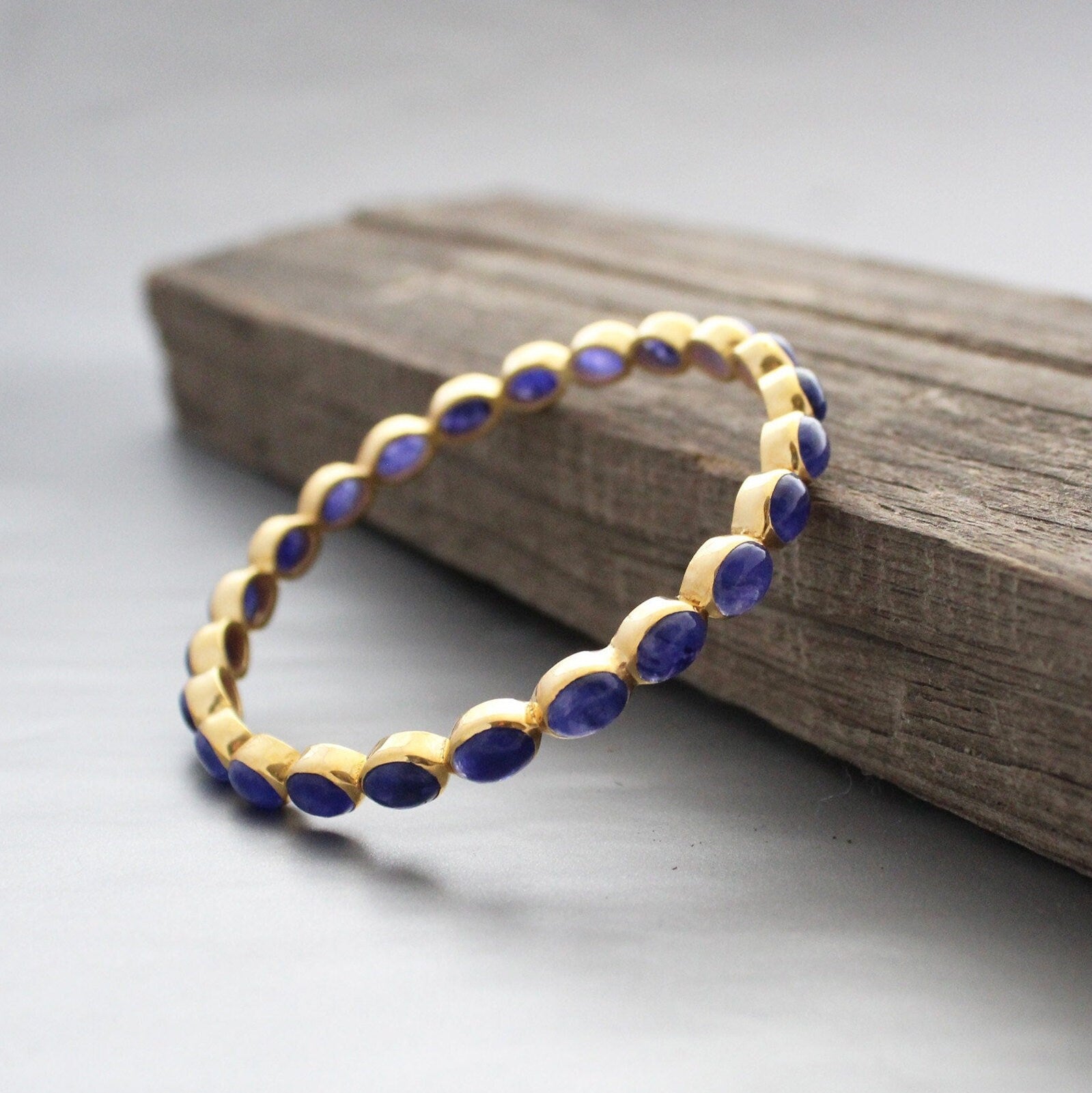 Blue Sapphire Bangle, Gold Plated, Minimalist Jewelry, September Birthstone, Anniversary Gift