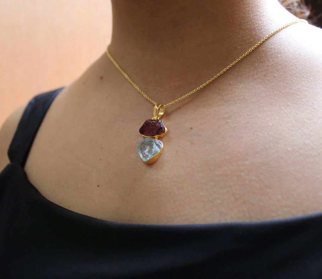 Raw Aquamarine & Tourmaline Necklace, Sterling Silver Gemstone Pendant, 18K Gold vermiel, necklace for Men