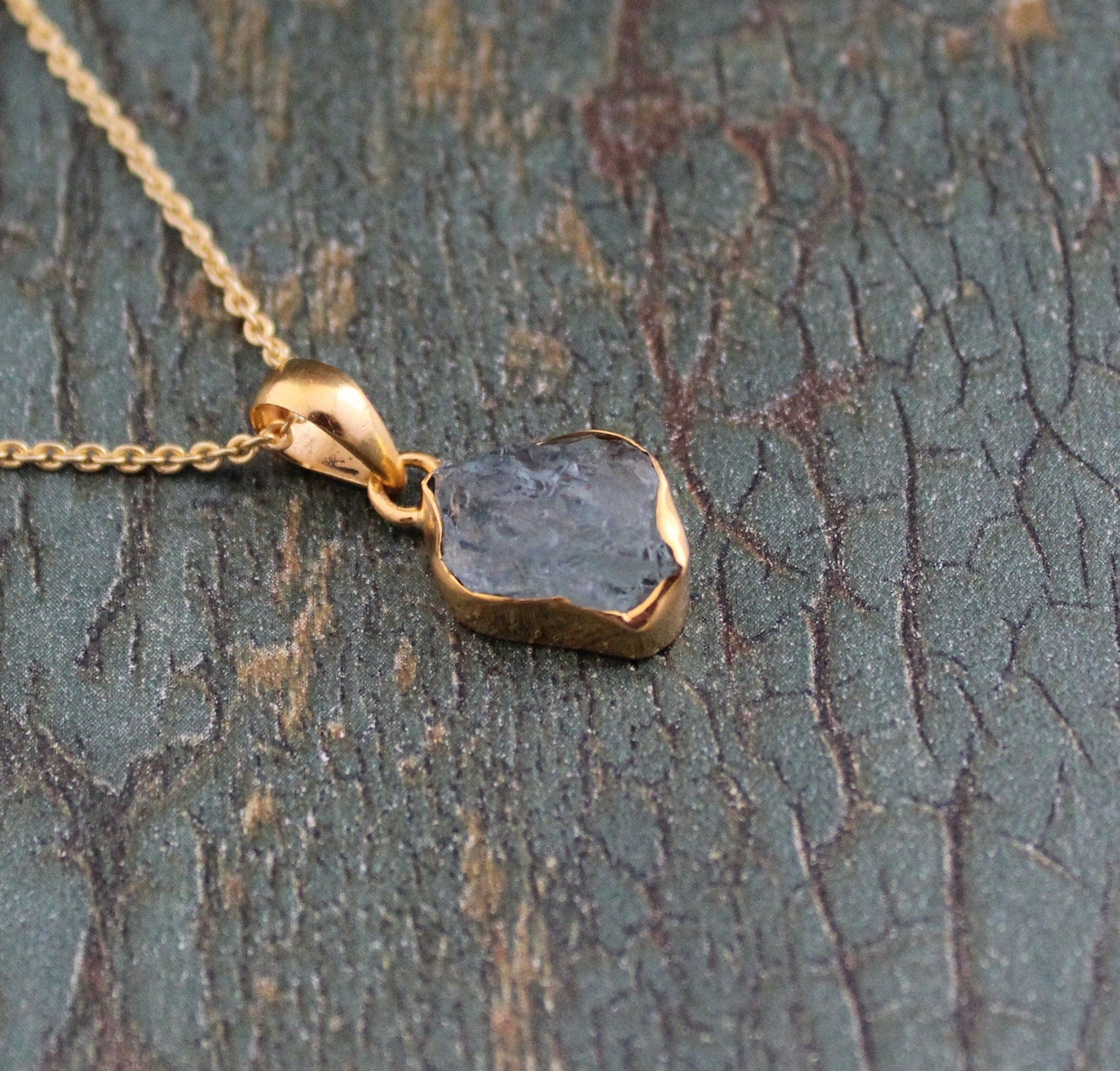 Raw Aquamarine Necklace: Sterling Silver Crystal Pendant