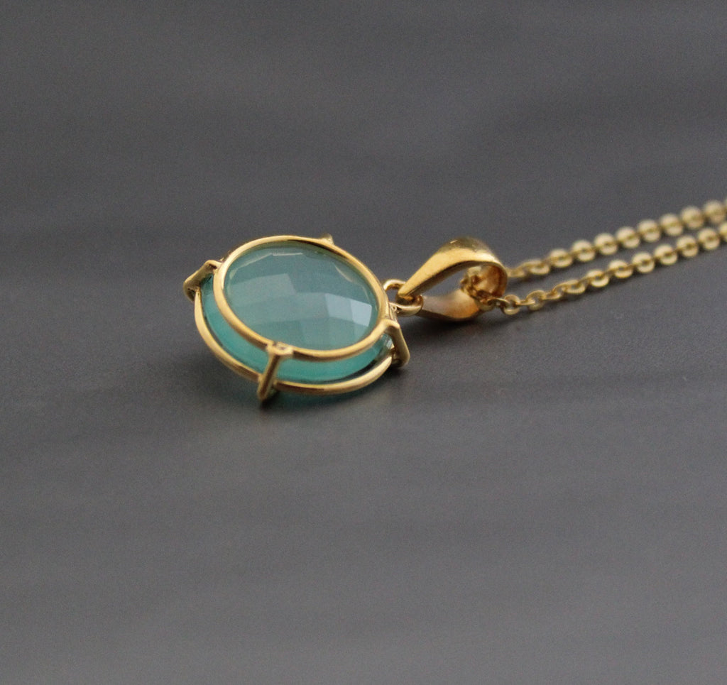 Aqua Chalcedony Necklace, Dainty Sterling Silver Gemstone Pendant, stone pendants, mothers day gift, Victorian Pendant Necklace