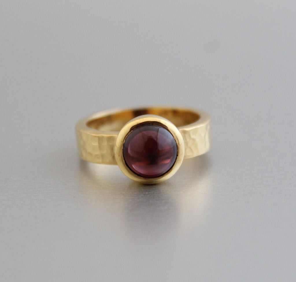 Natural Garnet Ring, 14k Gold Plated, Hammered Band, January Birthstone, Wedding Ring Gift