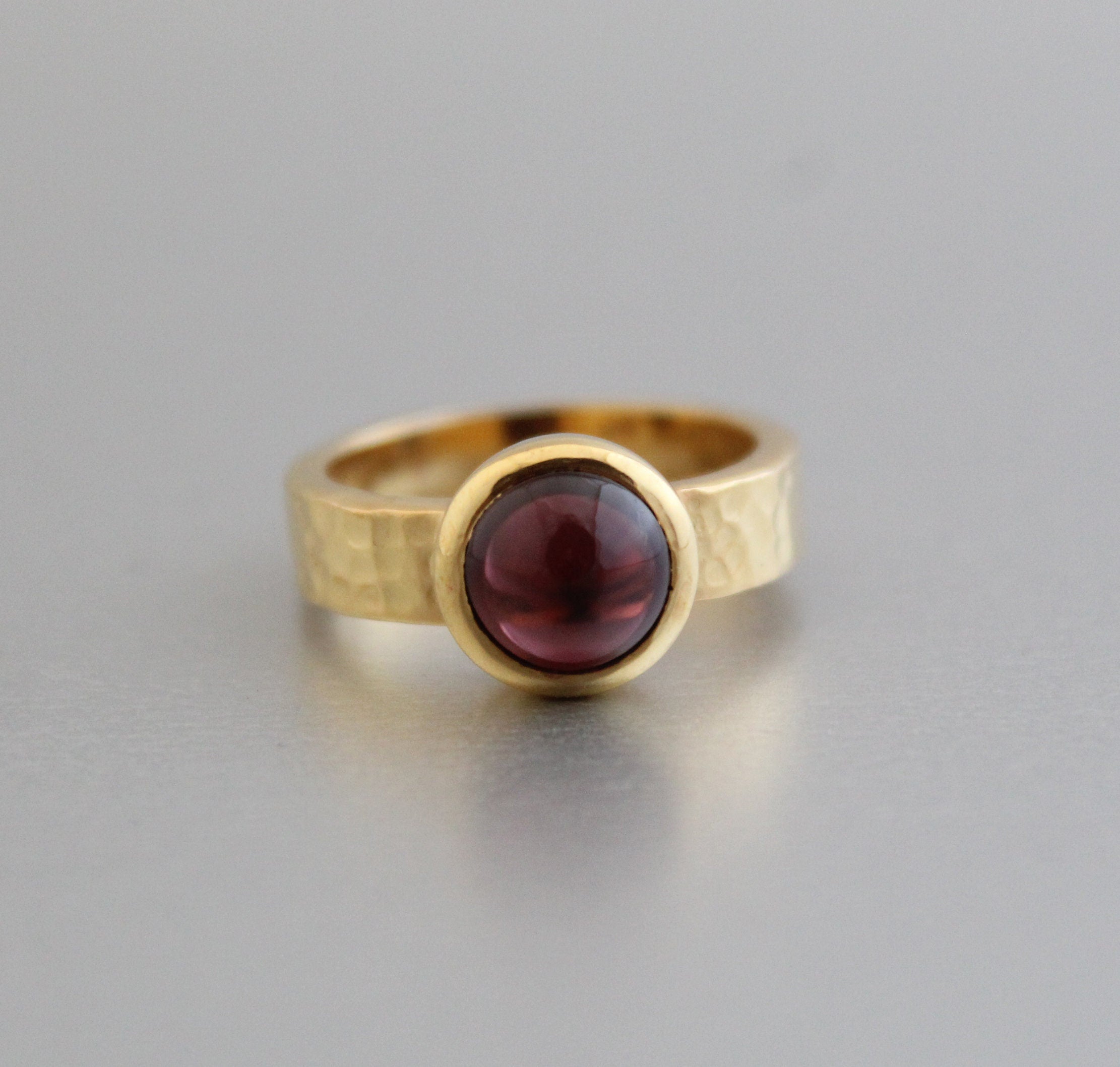 Natural Garnet Ring, 14k Gold Plated, Hammered Band, January Birthstone, Wedding Ring Gift