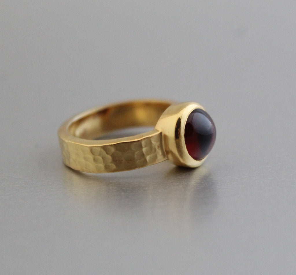 Natural Garnet Ring, 14k Gold Plated, Hammered Band, January Birthstone, Wedding Ring Gift