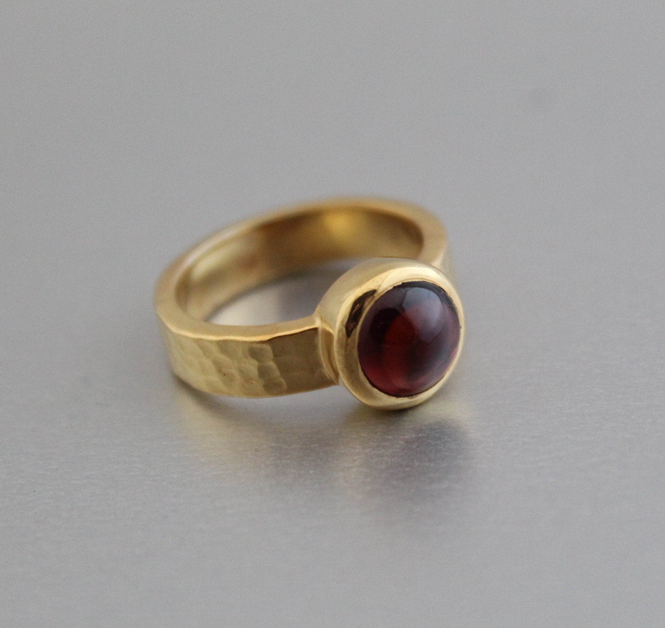 Natural Garnet Ring, 14k Gold Plated, Hammered Band, January Birthstone, Wedding Ring Gift