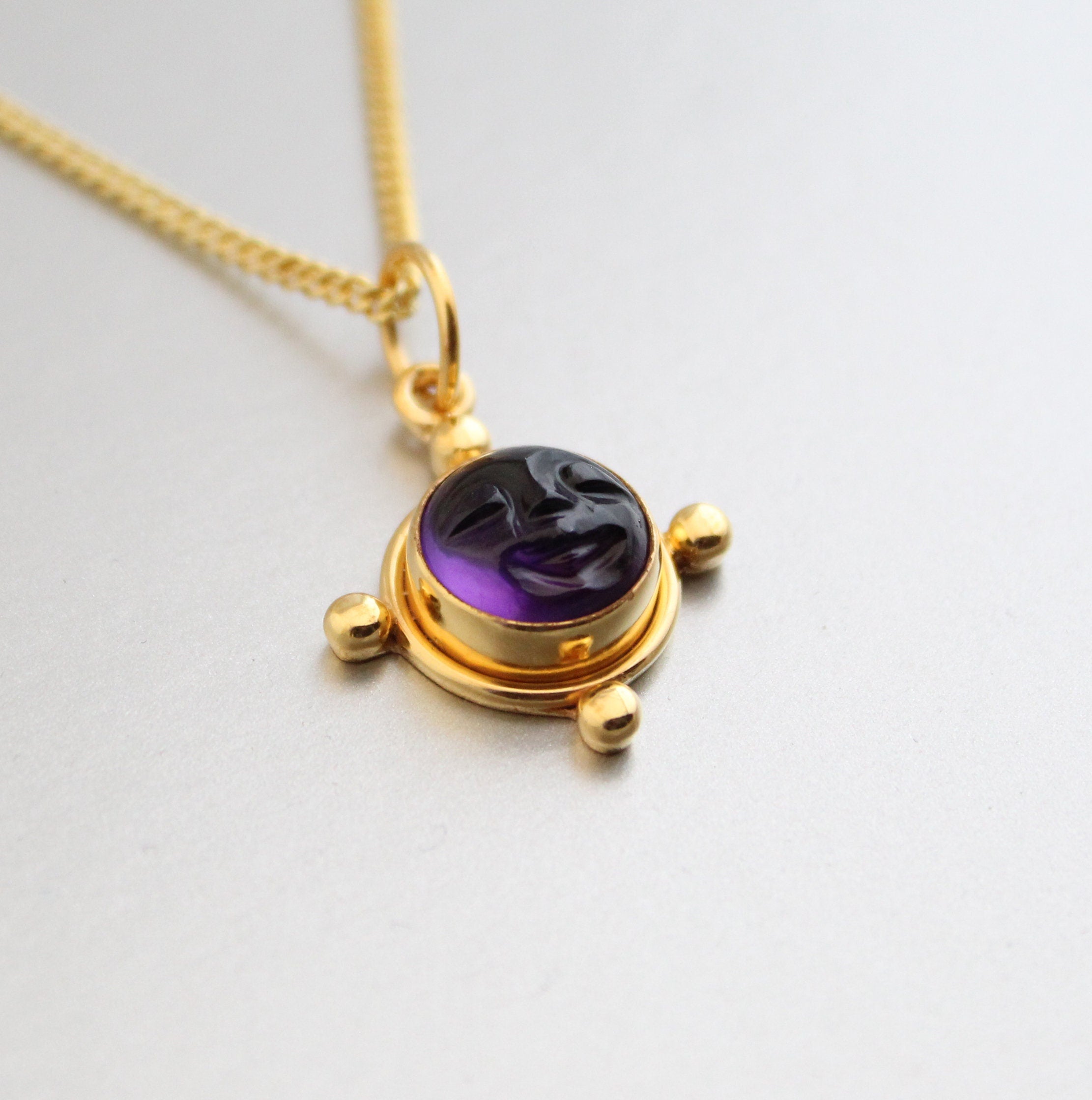 Amethyst Moon Face Necklace, Sterling Silver February Birthstone, Vintage Genuine Stone Pendant, Gift for Mom, Healing Crystal Necklace