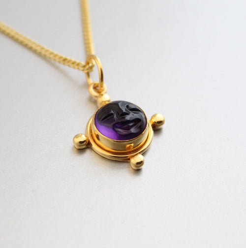 Amethyst Moon Face Necklace, Sterling Silver February Birthstone, Vintage Genuine Stone Pendant, Gift for Mom, Healing Crystal Necklace