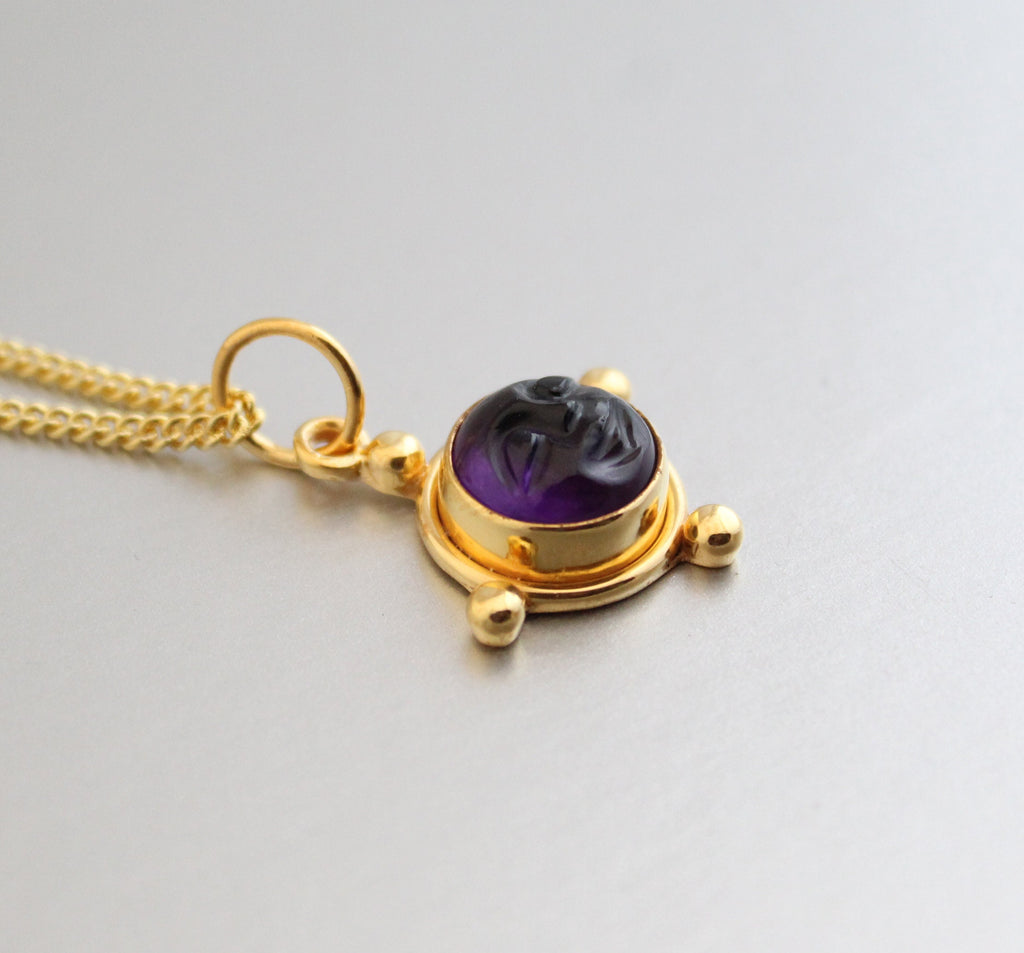 Amethyst Moon Face Necklace, Sterling Silver February Birthstone, Vintage Genuine Stone Pendant, Gift for Mom, Healing Crystal Necklace