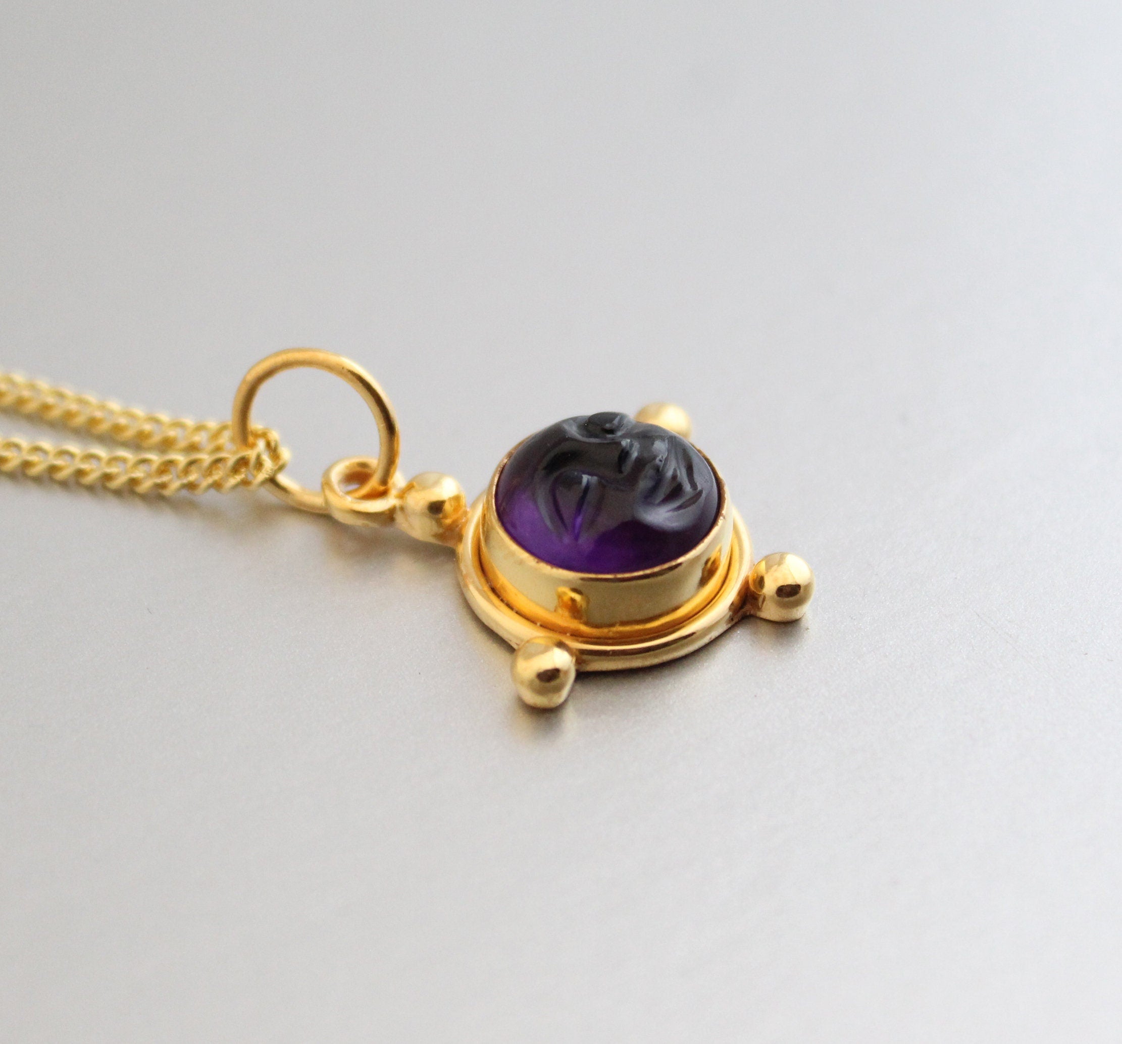 Amethyst Moon Face Necklace, Sterling Silver February Birthstone, Vintage Genuine Stone Pendant, Gift for Mom, Healing Crystal Necklace