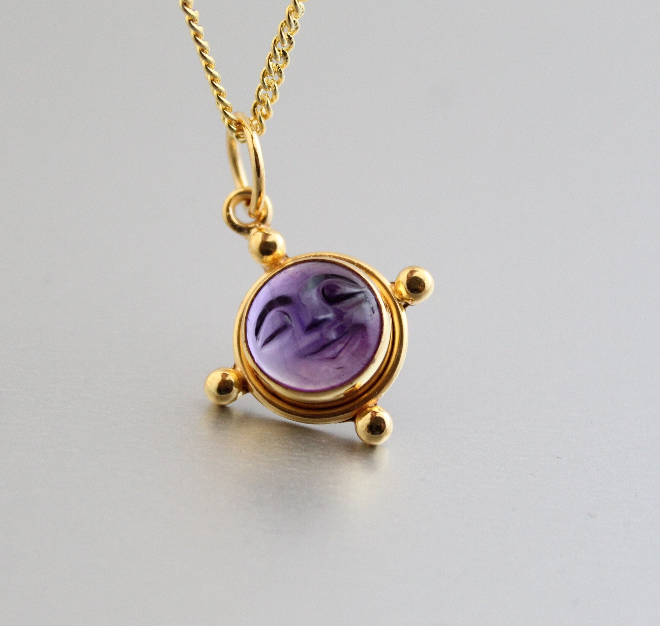 Amethyst Moon Face Necklace, Sterling Silver February Birthstone, Vintage Genuine Stone Pendant, Gift for Mom, Healing Crystal Necklace