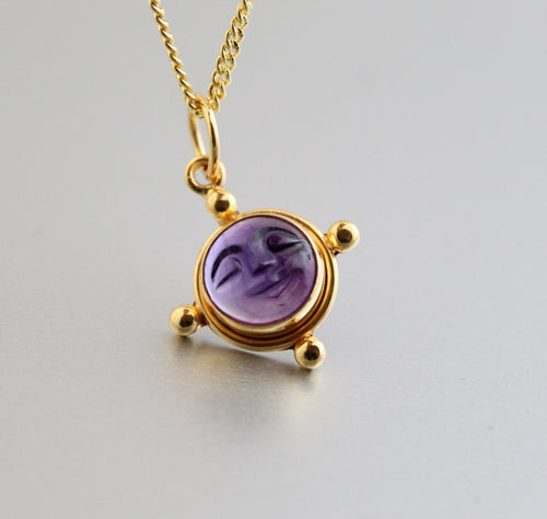 Amethyst Moon Face Necklace, Sterling Silver February Birthstone, Vintage Genuine Stone Pendant, Gift for Mom, Healing Crystal Necklace