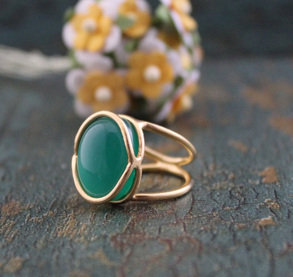 Green Onyx 18K Gold Ring, Vintage Onyx Stone Ring, Handmade Silver Onyx Ring, Retro Boho Jewelry Gift for Her, Gemstone Ring