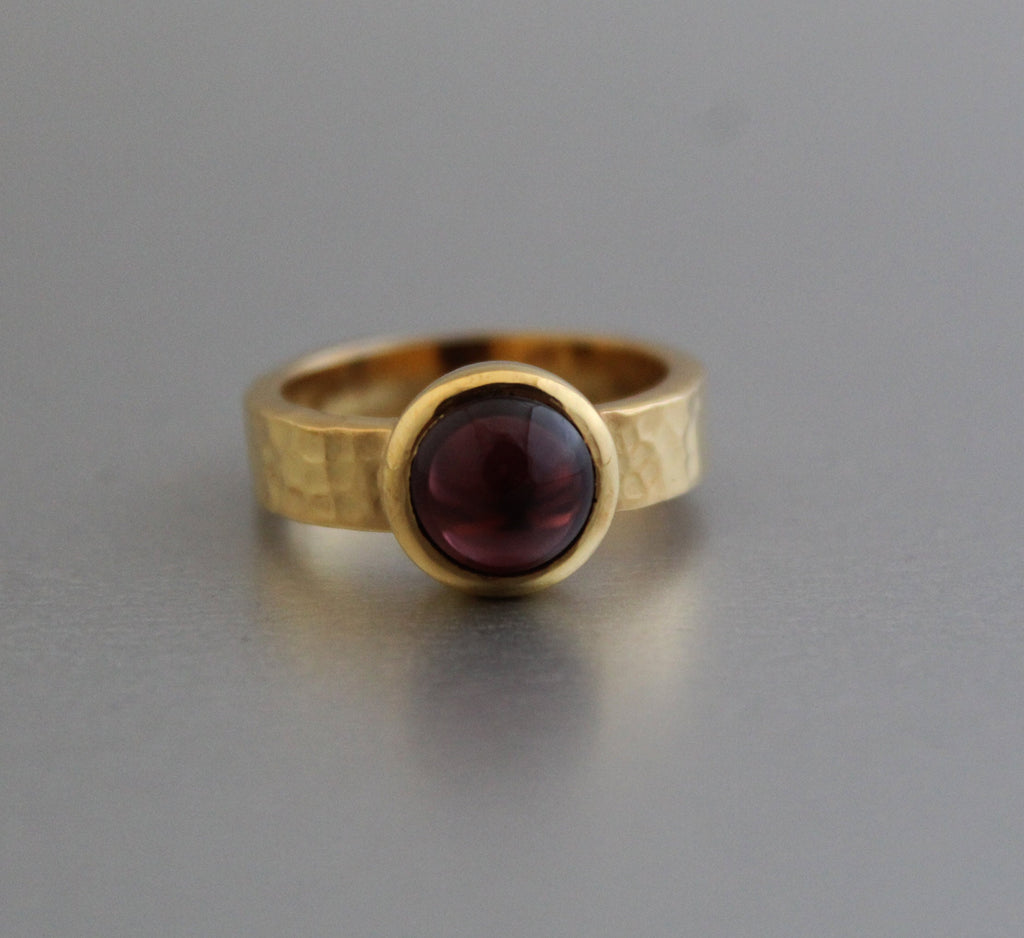 Natural Garnet Ring, 14k Gold Plated, Hammered Band, January Birthstone, Wedding Ring Gift