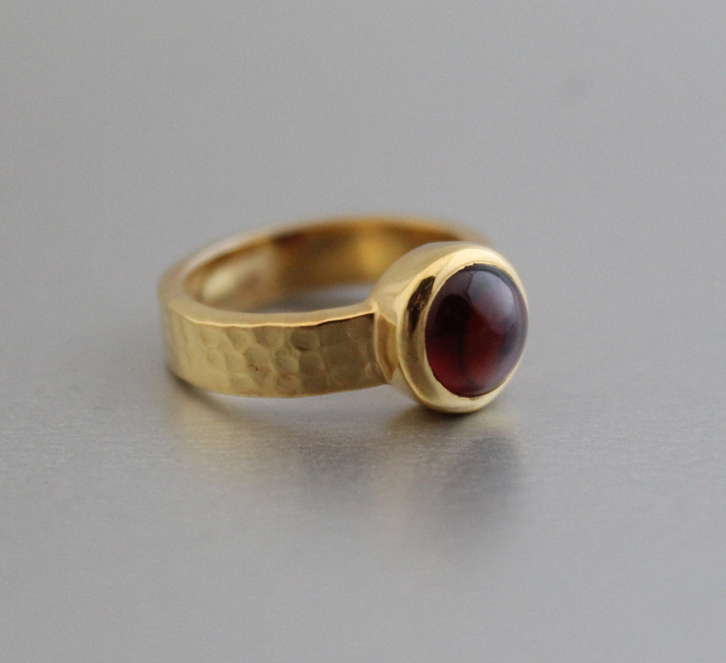 Natural Garnet Ring, 14k Gold Plated, Hammered Band, January Birthstone, Wedding Ring Gift