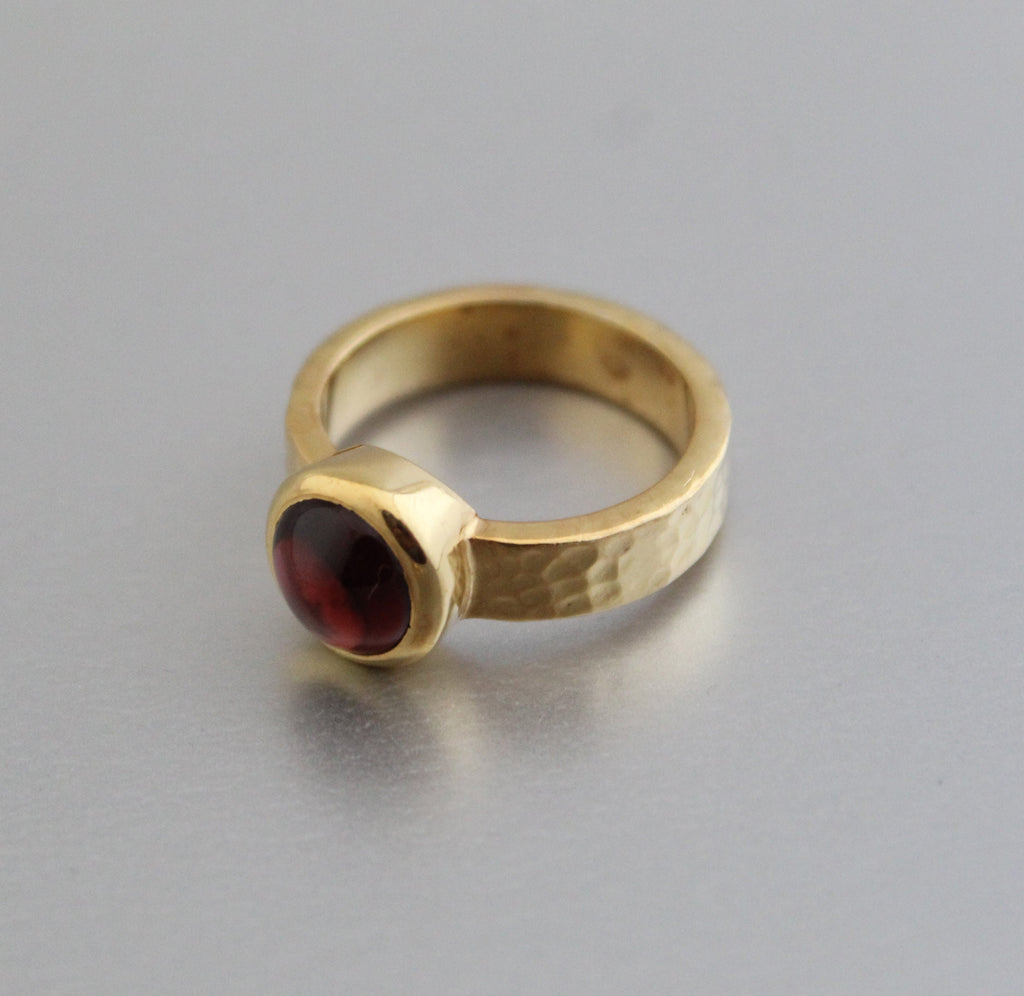 Natural Garnet Ring, 14k Gold Plated, Hammered Band, January Birthstone, Wedding Ring Gift