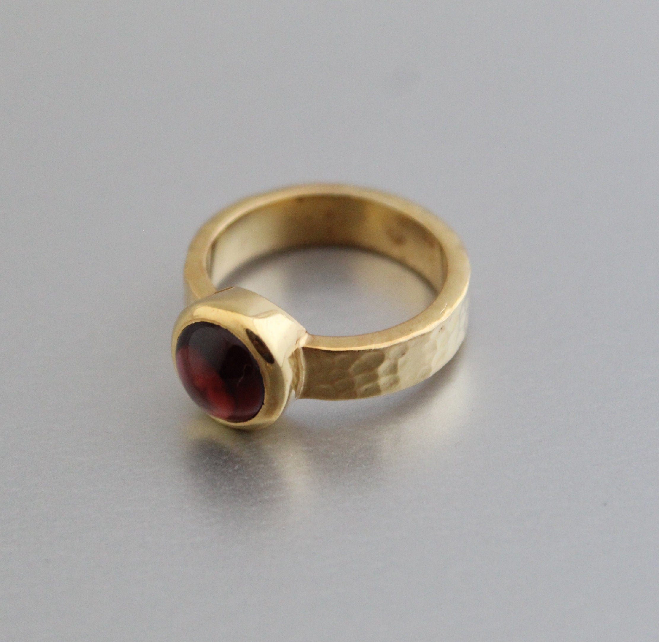 Natural Garnet Ring, 14k Gold Plated, Hammered Band, January Birthstone, Wedding Ring Gift