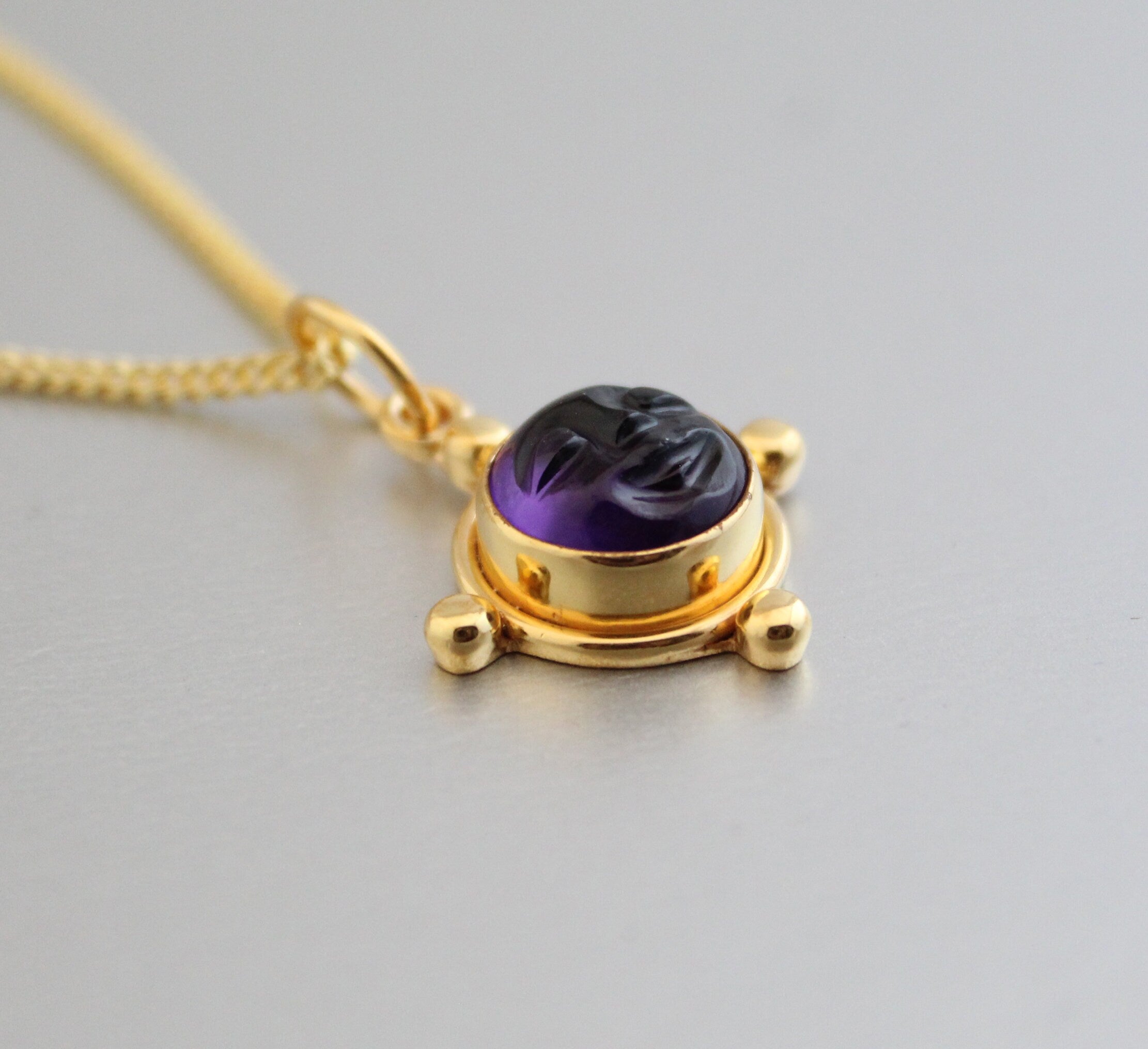 Amethyst Moon Face Necklace, Sterling Silver February Birthstone, Vintage Genuine Stone Pendant, Gift for Mom, Healing Crystal Necklace
