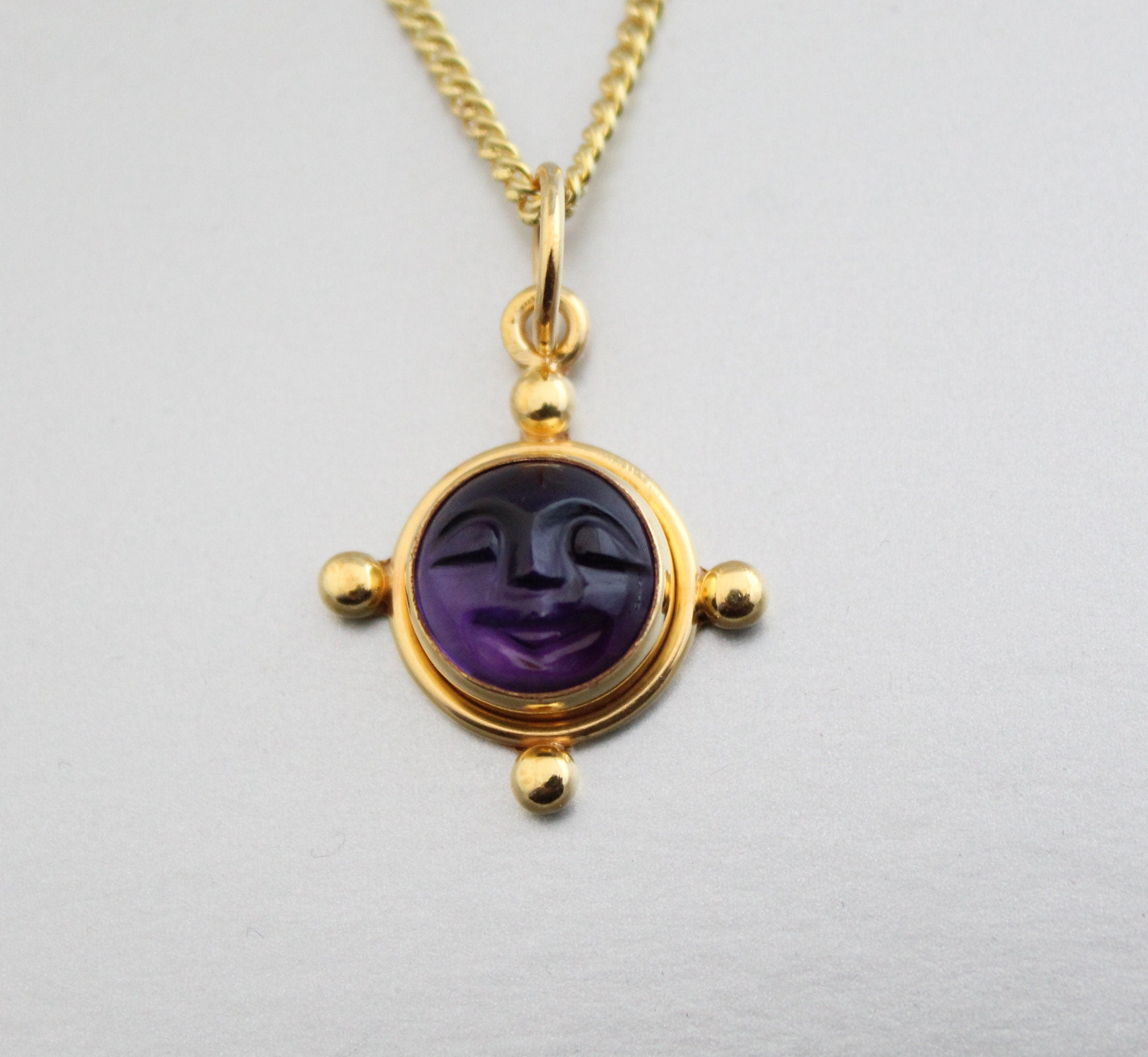 Amethyst Moon Face Necklace, Sterling Silver February Birthstone, Vintage Genuine Stone Pendant, Gift for Mom, Healing Crystal Necklace