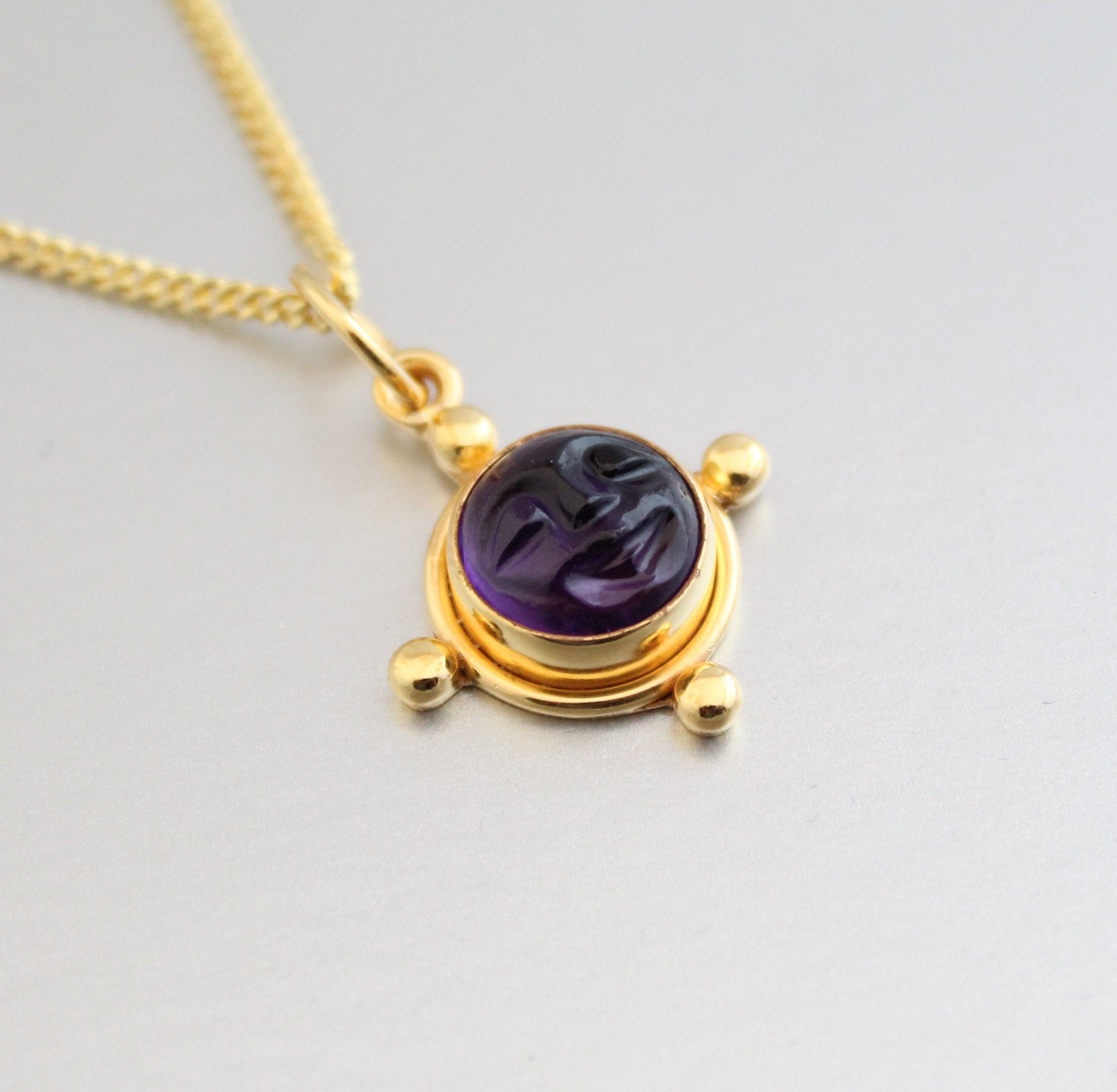 Amethyst Moon Face Necklace, Sterling Silver February Birthstone, Vintage Genuine Stone Pendant, Gift for Mom, Healing Crystal Necklace