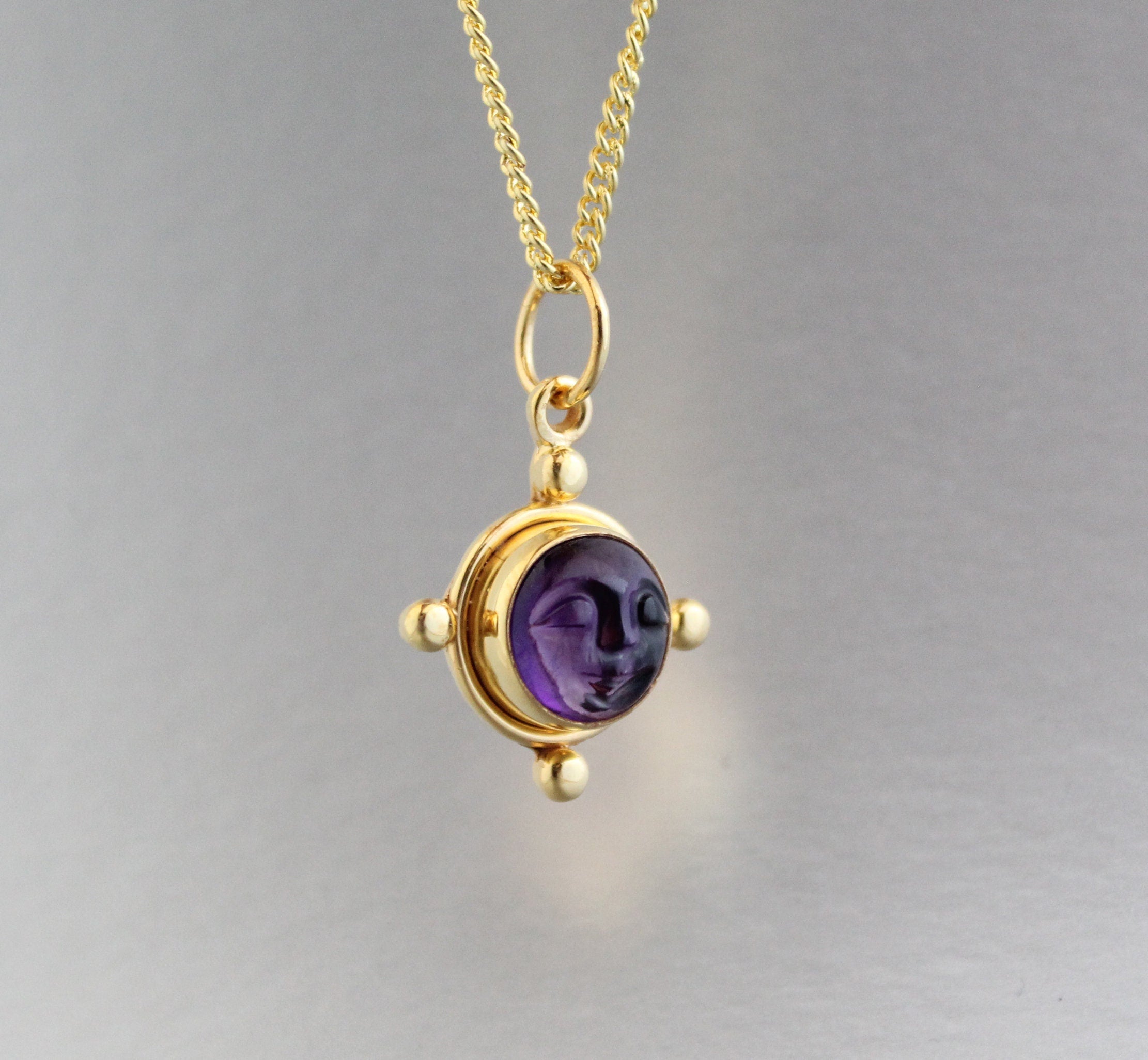 Amethyst Moon Face Necklace, Sterling Silver February Birthstone, Vintage Genuine Stone Pendant, Gift for Mom, Healing Crystal Necklace