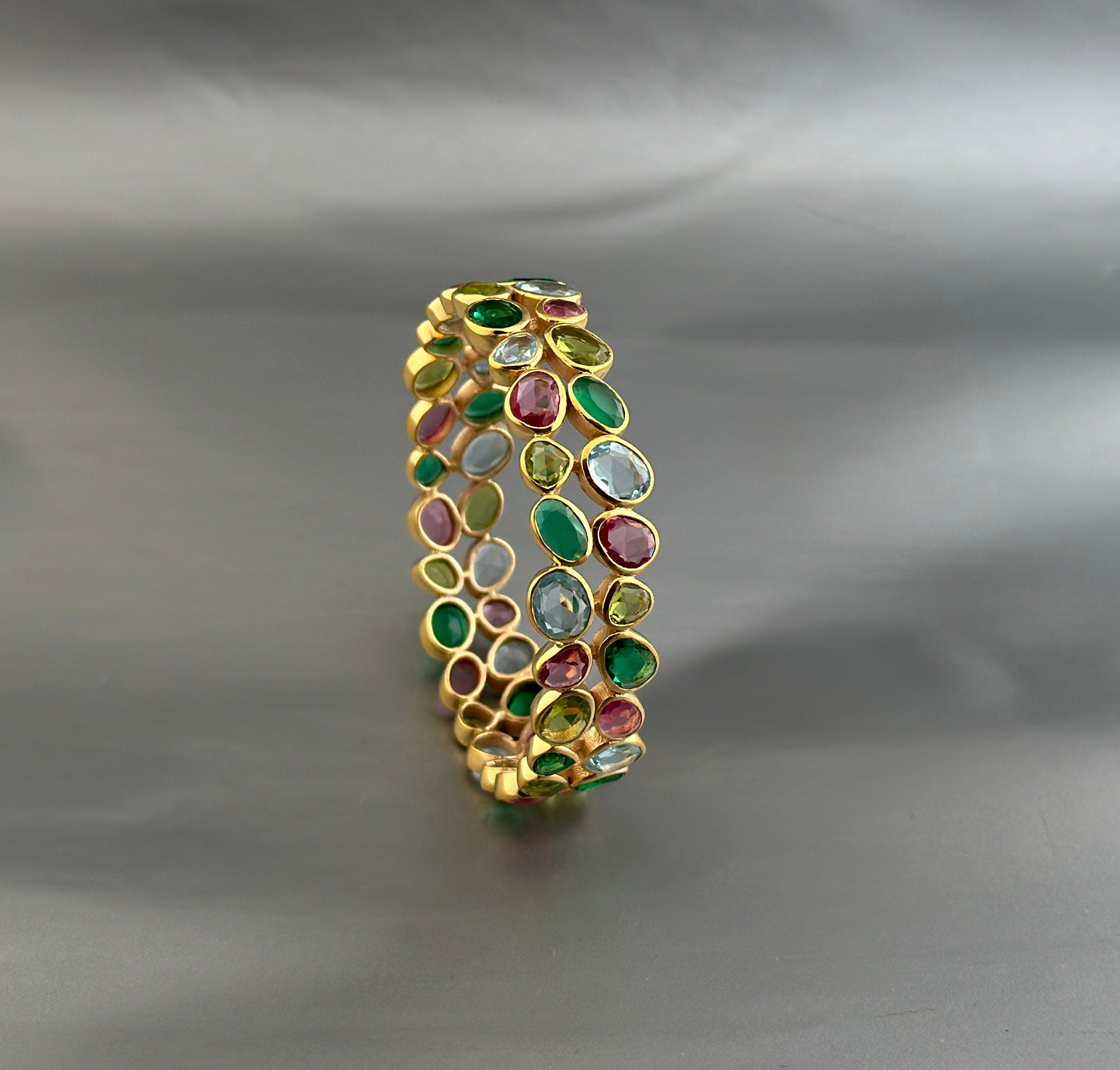 Multi Stone Bangle, Silver Bangle, Colorful Bangles, Bridal Jewelry Gemstone Bracelet, 18K Gold Bangle, Healing Crystal