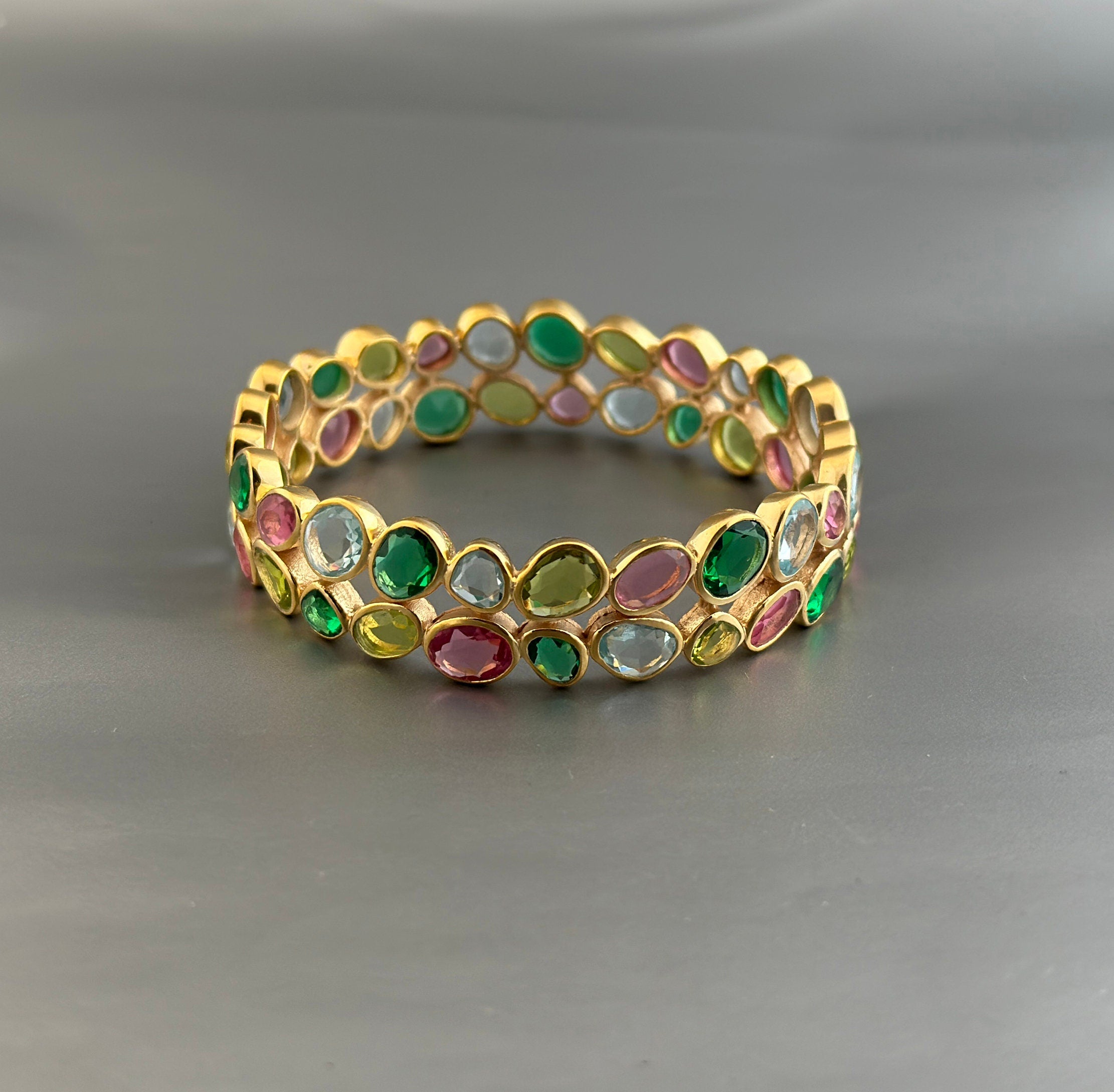 Multi Stone Bangle, Silver Bangle, Colorful Bangles, Bridal Jewelry Gemstone Bracelet, 18K Gold Bangle, Healing Crystal