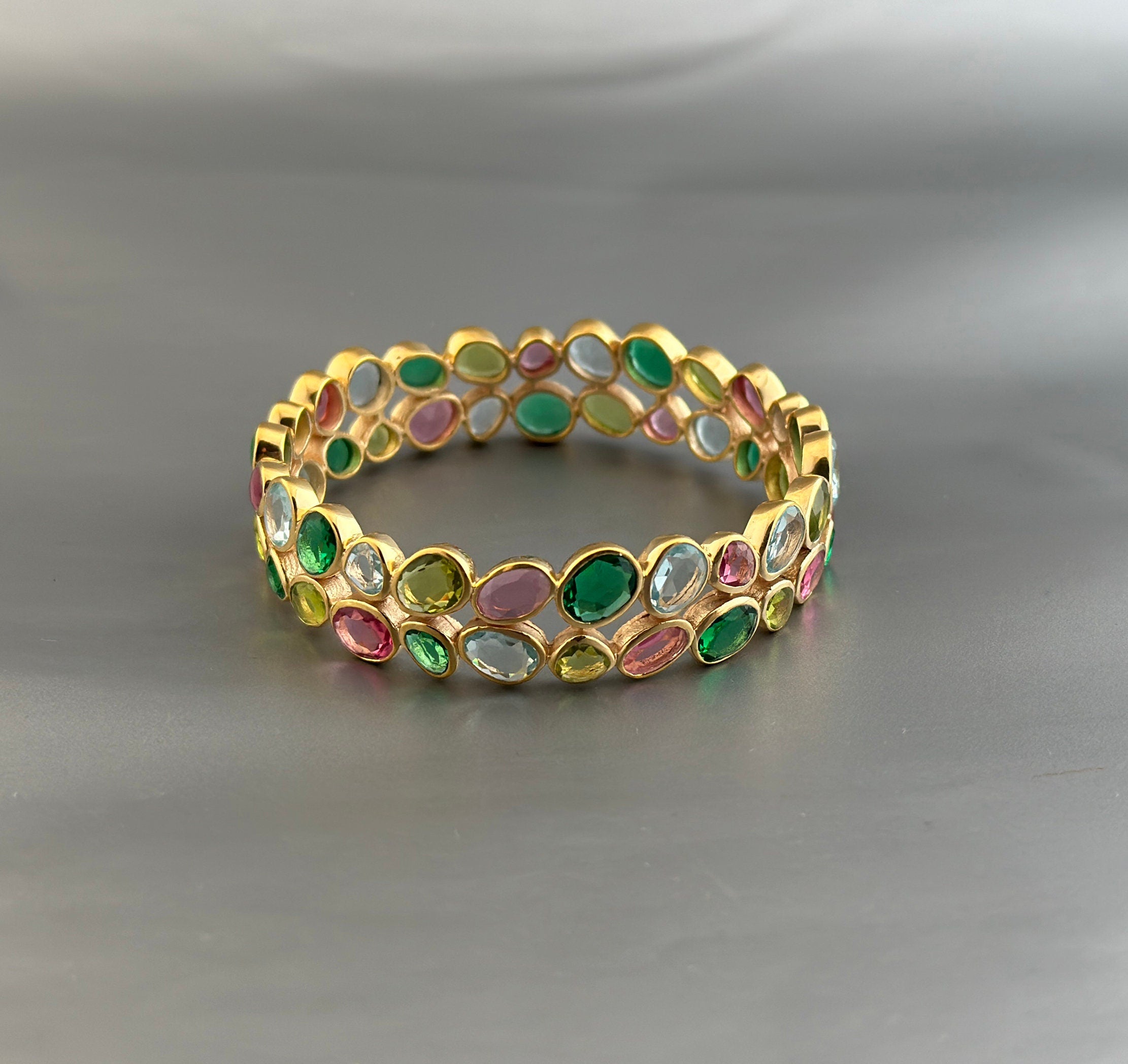 Multi Stone Bangle, Silver Bangle, Colorful Bangles, Bridal Jewelry Gemstone Bracelet, 18K Gold Bangle, Healing Crystal