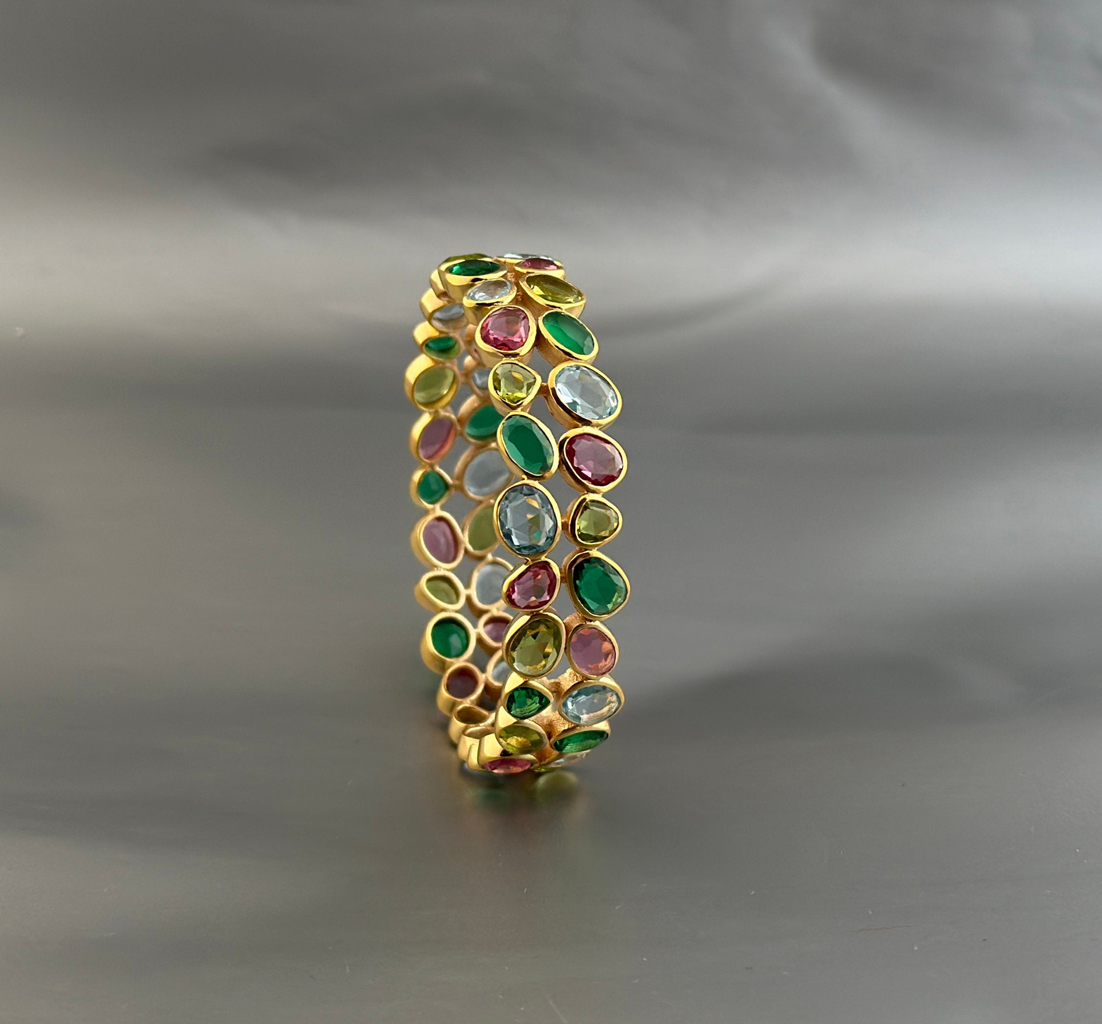 Multi Stone Bangle, Silver Bangle, Colorful Bangles, Bridal Jewelry Gemstone Bracelet, 18K Gold Bangle, Healing Crystal