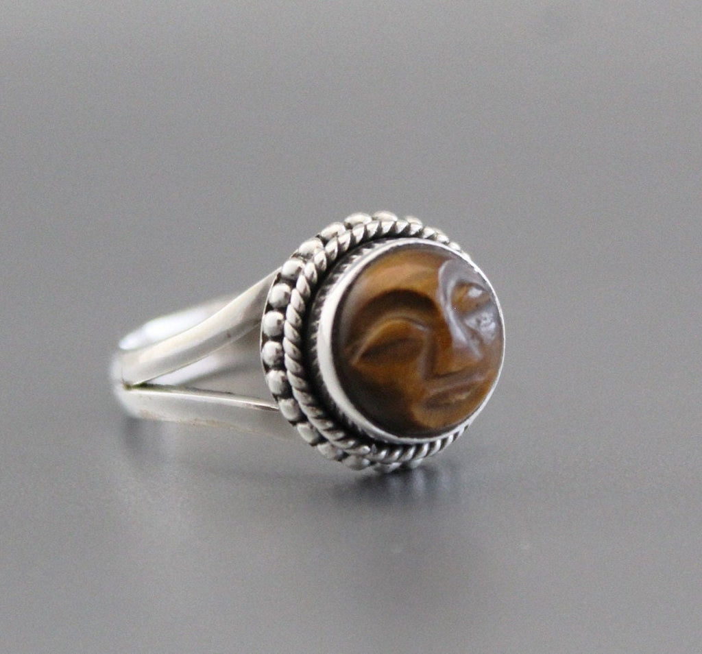 Tiger’s Eye Moon Face Ring, Sterling Silver Boho Statement Jewelry, Carved Gemstone, Celestial, Chunky Vintage, Signet Gemstone Ring