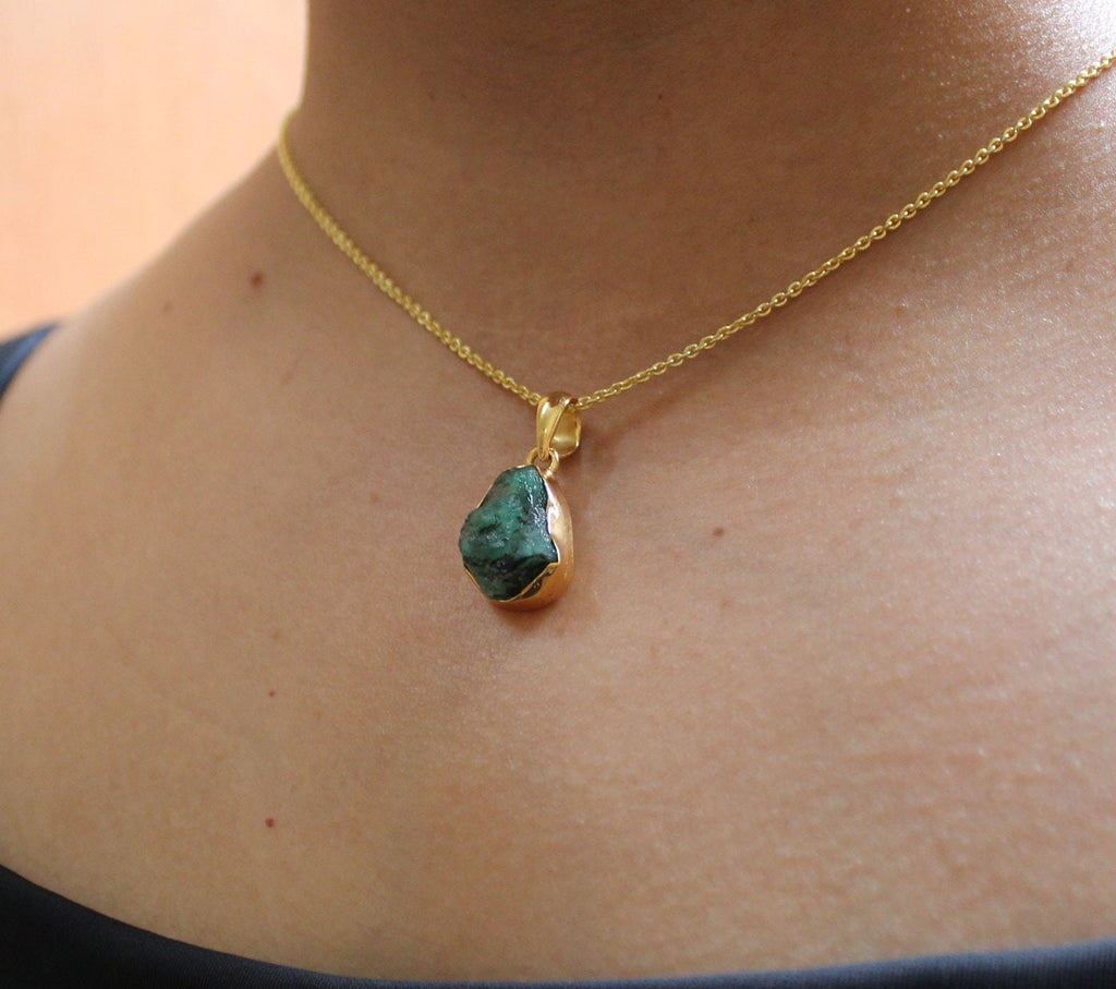 Raw Emerald Pendant Necklace: Sterling Silver, May Birthstone