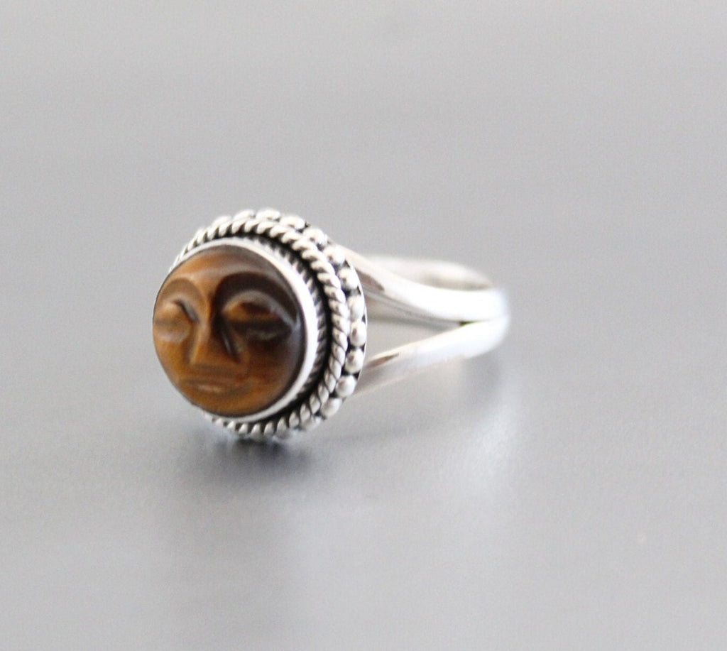 Tiger’s Eye Moon Face Ring, Sterling Silver Boho Statement Jewelry, Carved Gemstone, Celestial, Chunky Vintage, Signet Gemstone Ring