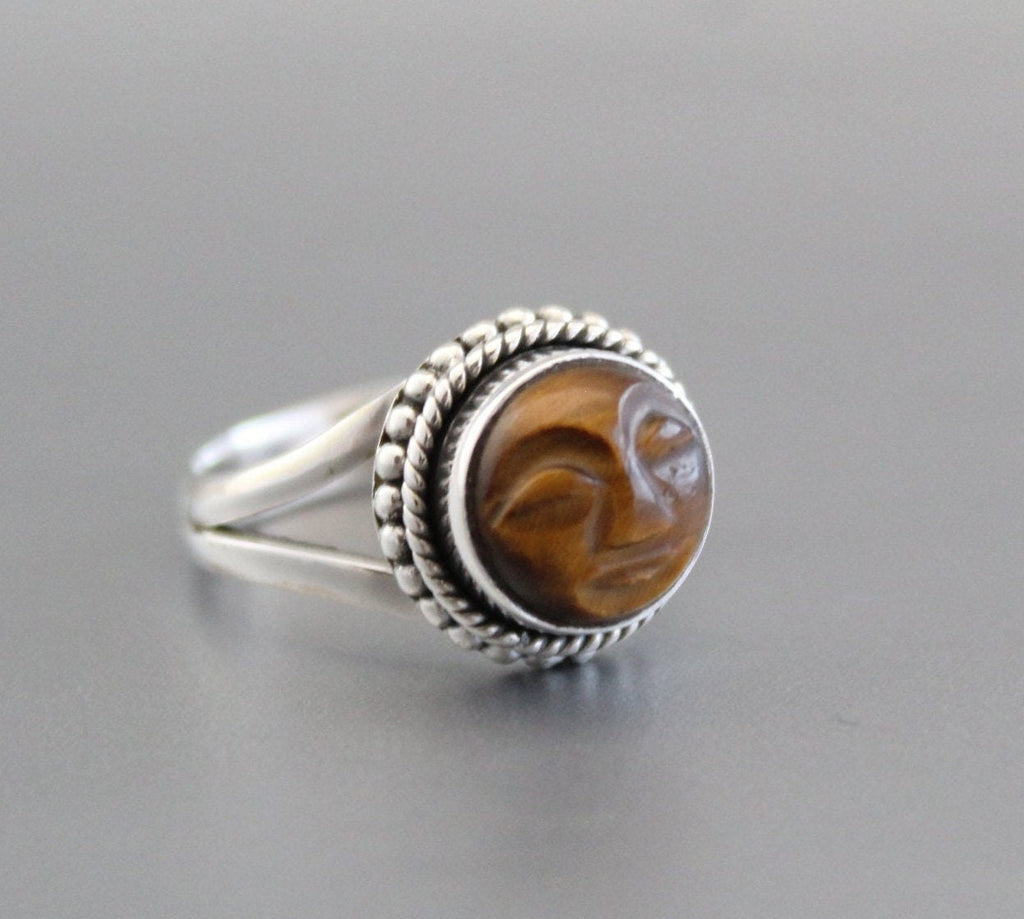Tiger’s Eye Moon Face Ring, Sterling Silver Boho Statement Jewelry, Carved Gemstone, Celestial, Chunky Vintage, Signet Gemstone Ring