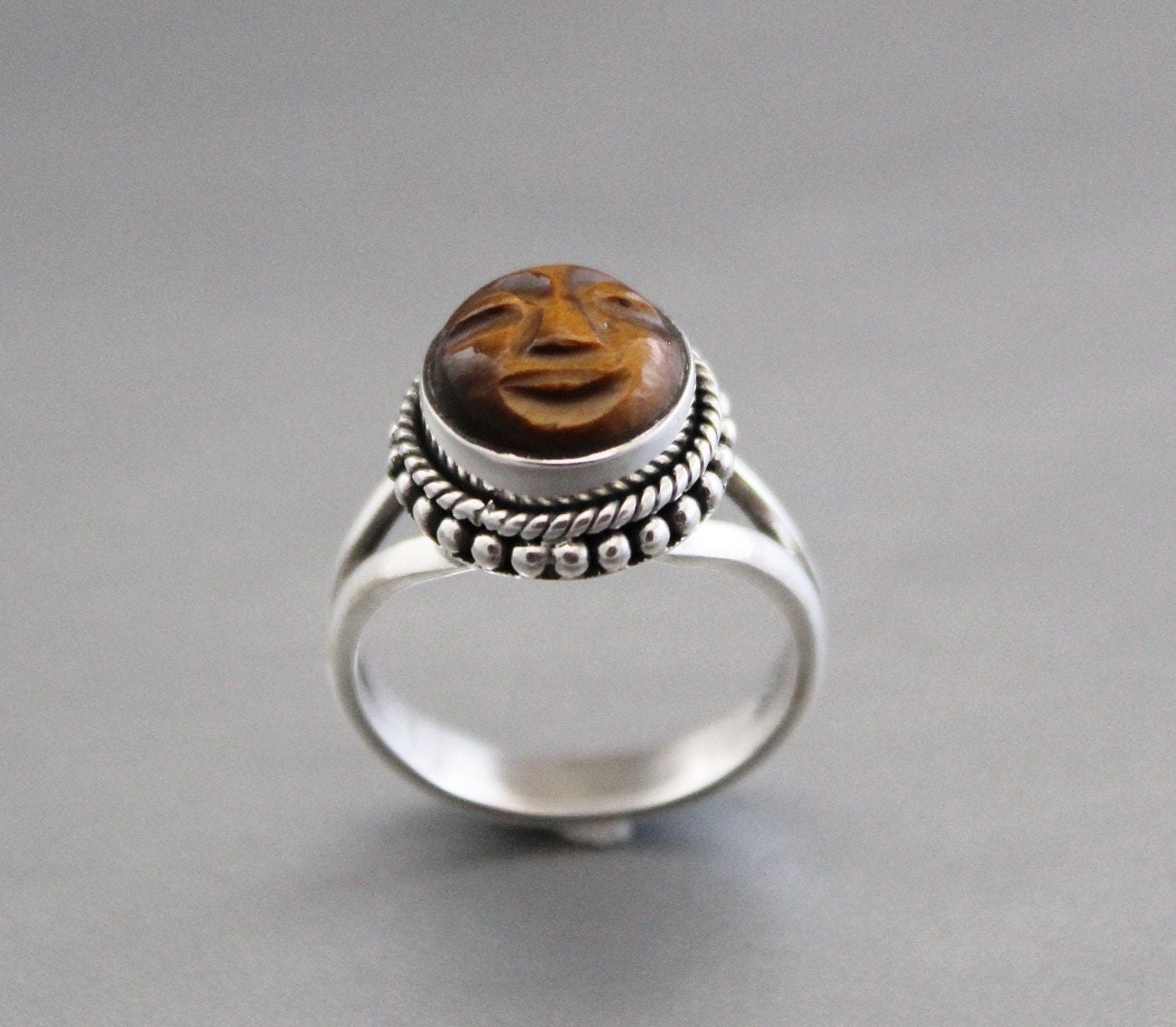 Tiger’s Eye Moon Face Ring, Sterling Silver Boho Statement Jewelry, Carved Gemstone, Celestial, Chunky Vintage, Signet Gemstone Ring