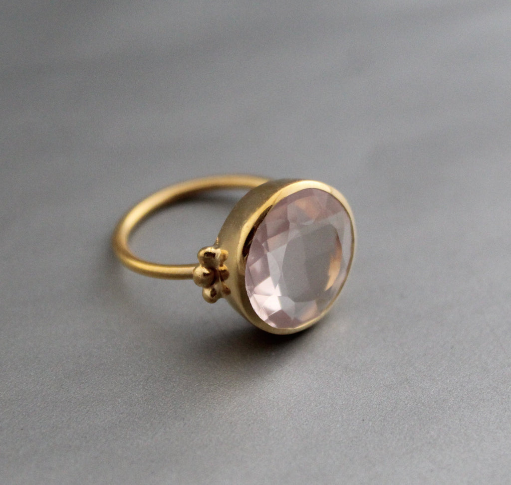 Handmade Rose Quartz Ring, Sterling Silver Gold Plated, January Birthstone, Pink Crystal Ring, Gift Ring