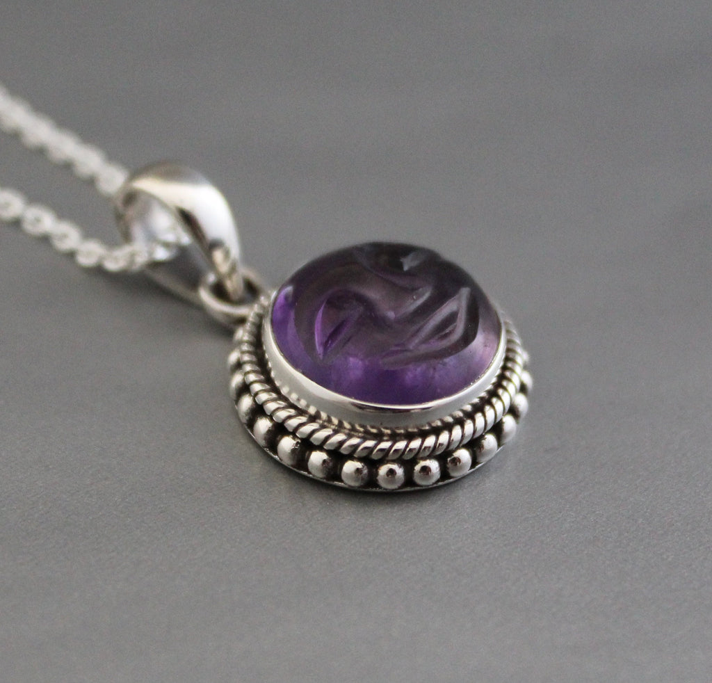 Amethyst Moon Face Necklace, Sterling Silver Celestial Pendant, Moon with face necklace goth jewelry, Birthstone pendant