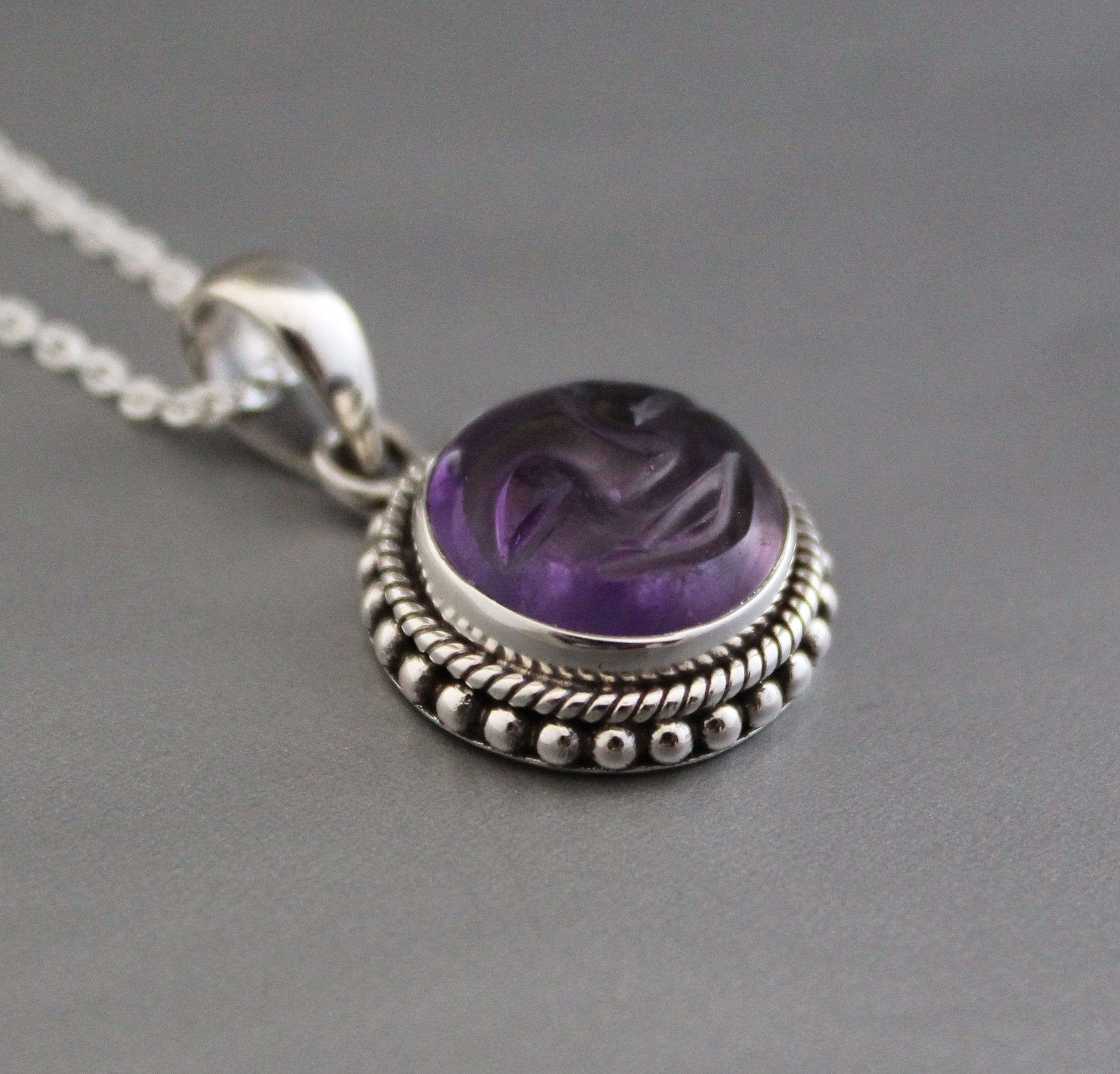 Amethyst Moon Face Necklace, Sterling Silver Celestial Pendant, Moon with face necklace goth jewelry, Birthstone pendant