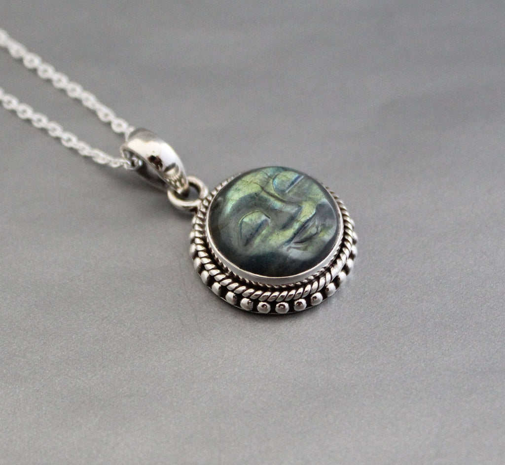 Labradorite Moon Face Necklace: Sterling Silver Celestial Jewelry