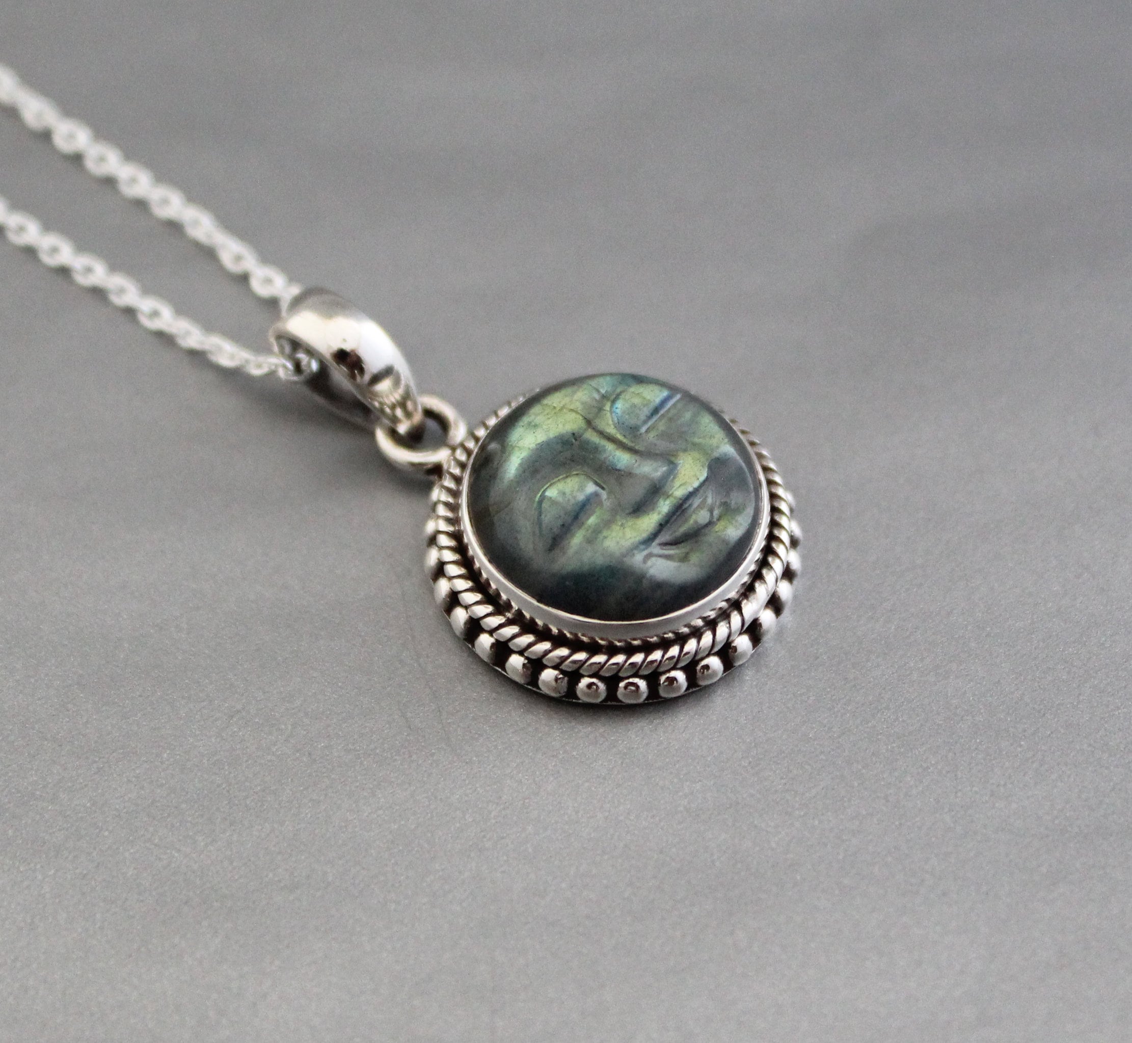 Labradorite Moon Face Necklace: Sterling Silver Celestial Jewelry